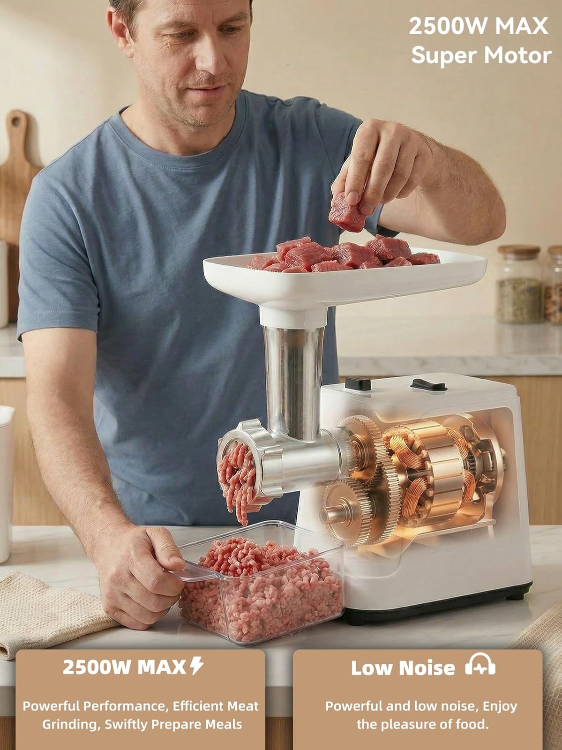 2500W Max Electric Meat Grinder & Sausage Stuffer - Heavy Duty Mincer Machine Anti-Slip with 1 Blade And 3 Plates, 3 Tubes & Kubbe Kit BPA Free for Home Kitchen Use （White）