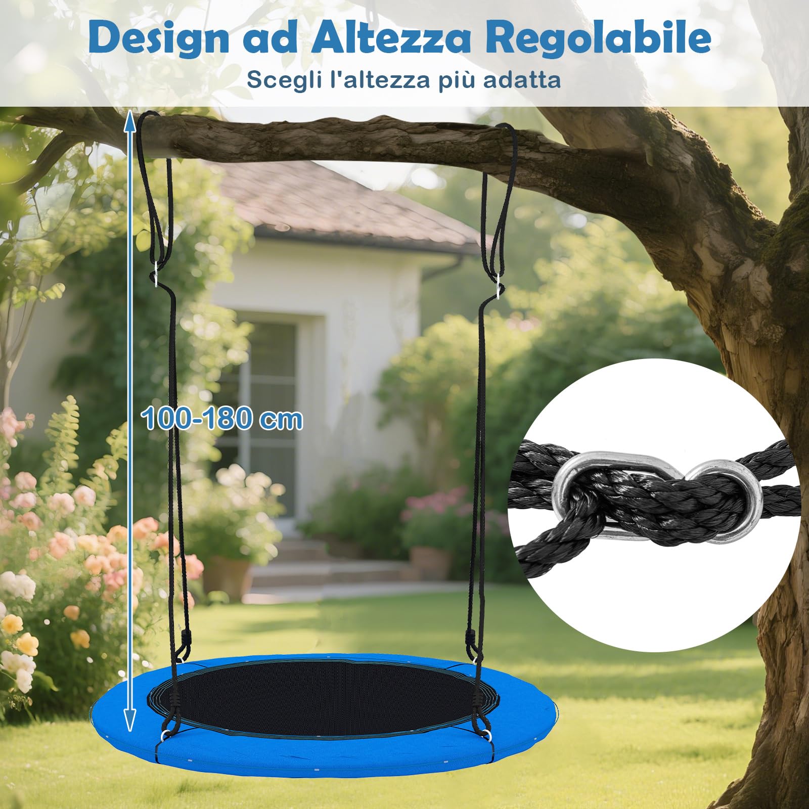 COSTWAY Altalena a Nido 100 cm per Bambini e Adulti, Altalena Rotonda con Luci LED Colorate e 2 Funi Regolabili, Capacità di Carico 300 kg da Giardino Esterno (Blu)