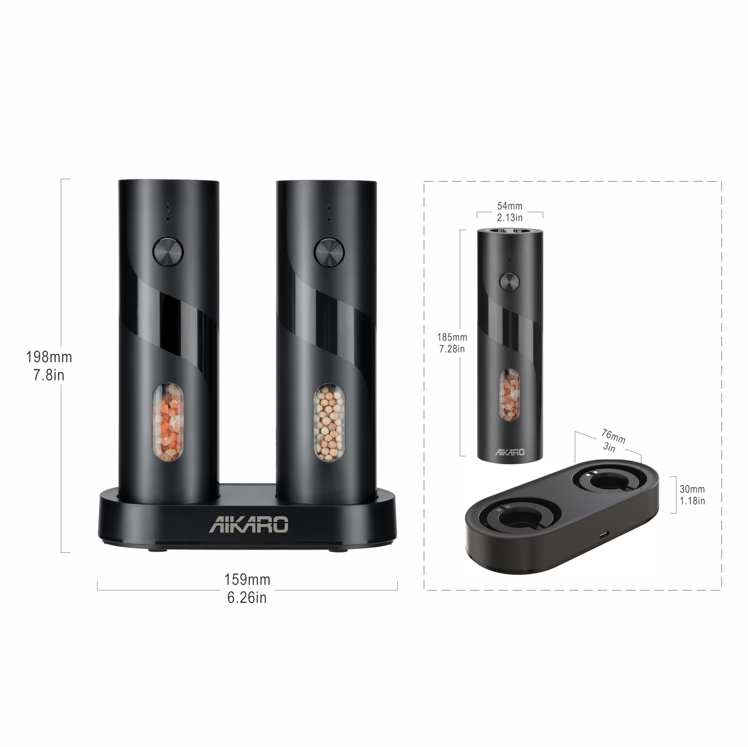 AIKARO - Moulin à sel et au poivre électrique Broyeur à épices automatique, Rechargeable (Ensemble)