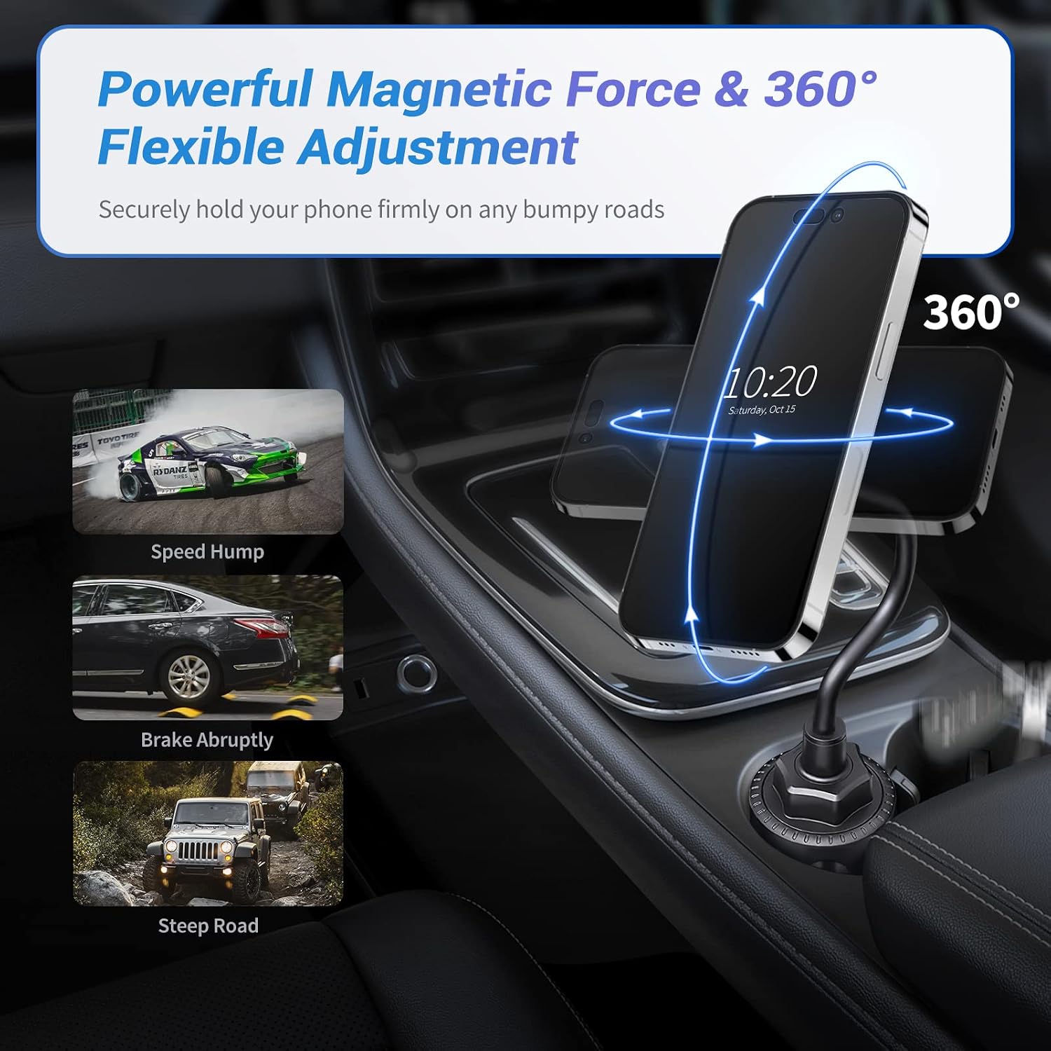 OTAO for Magsafe Car Mount Charger, Cup Holder Phone Mount for Car(Adjustable Gooseneck),Strong Magnetic Wireless Car Charger for Magsafe iPhone 15 Pro Max/15 Pro/15/15 Plus,iPhone 14/13/12 Series