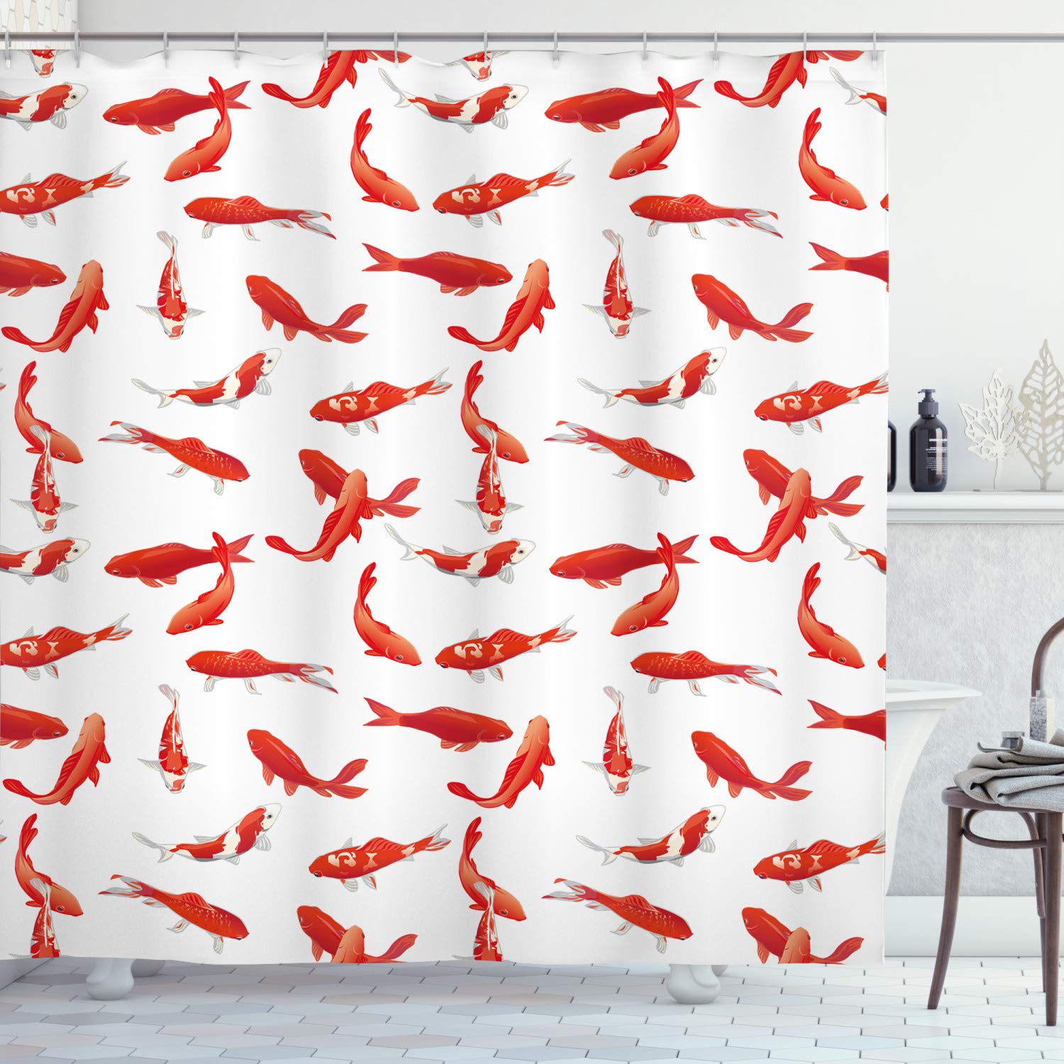 ABAKUHAUS Koi Fish Shower Curtain, Eastern Japanese Exotic Koi Fish Common Carp Calm Water Garden Graphic Design, Cloth Fabric Bathroom Decor Set with Hooks, 70 Inches, Orange