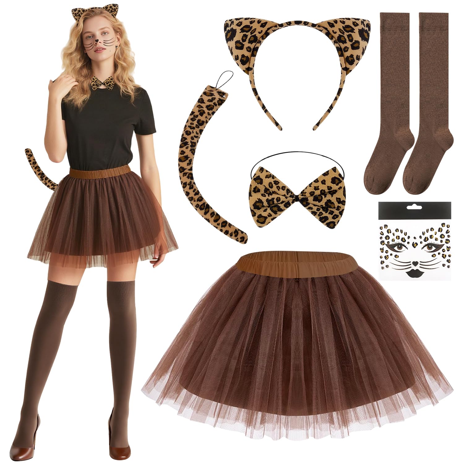 TOLOYE Animal Tutu Costume for Adult Women, Fancy Dress Costume with Accessories Animal Theme Headband Face Stickers for Halloween Party Birthday Carnival Cosplay (Cheetah)