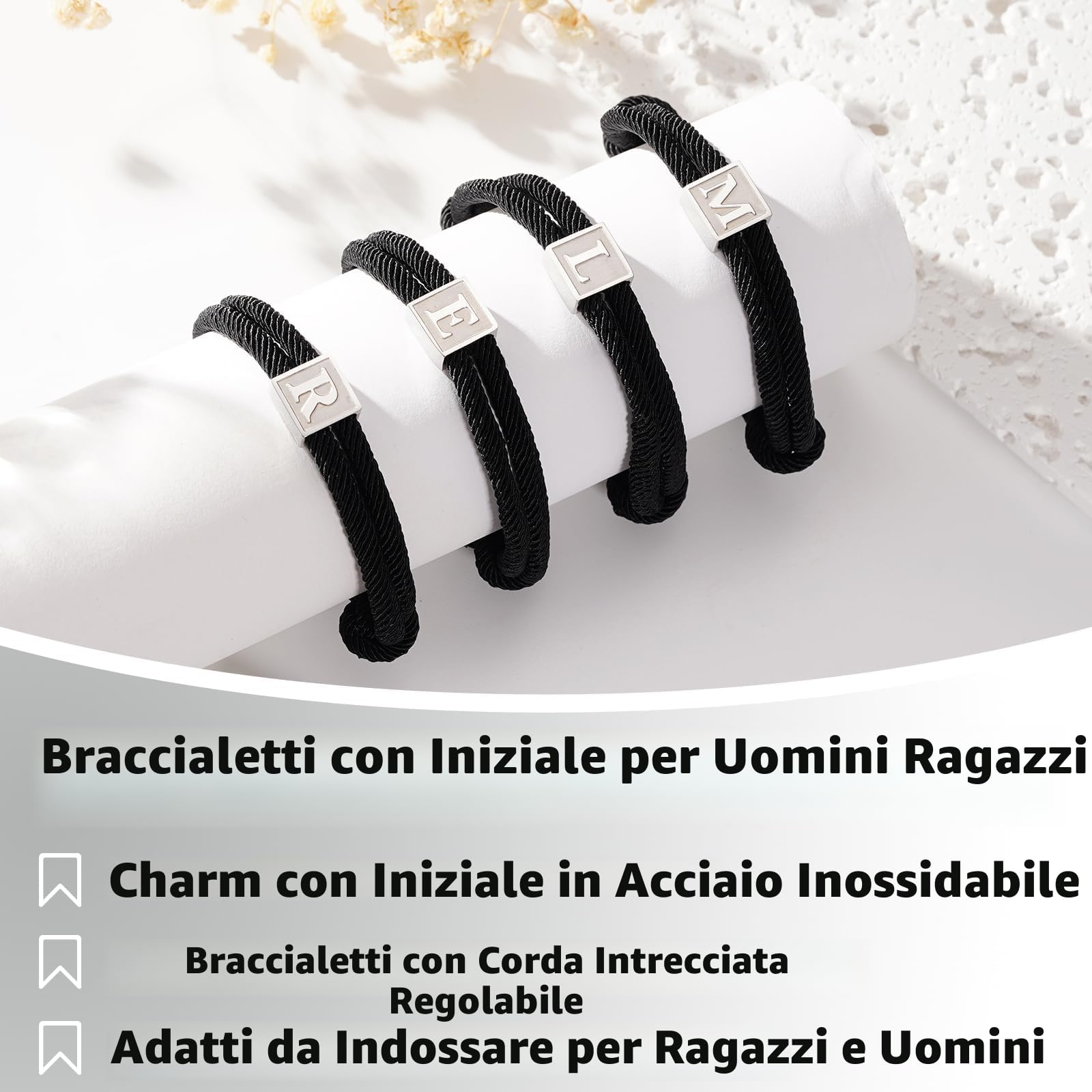 Esmoly Bracciale Uomo Braccialetti con Iniziale Bracciale Personalizzato Corda Intrecciata a Mano Sportivo Surfer Impermeabile Regolabile Regalo Uomo Ragazzo