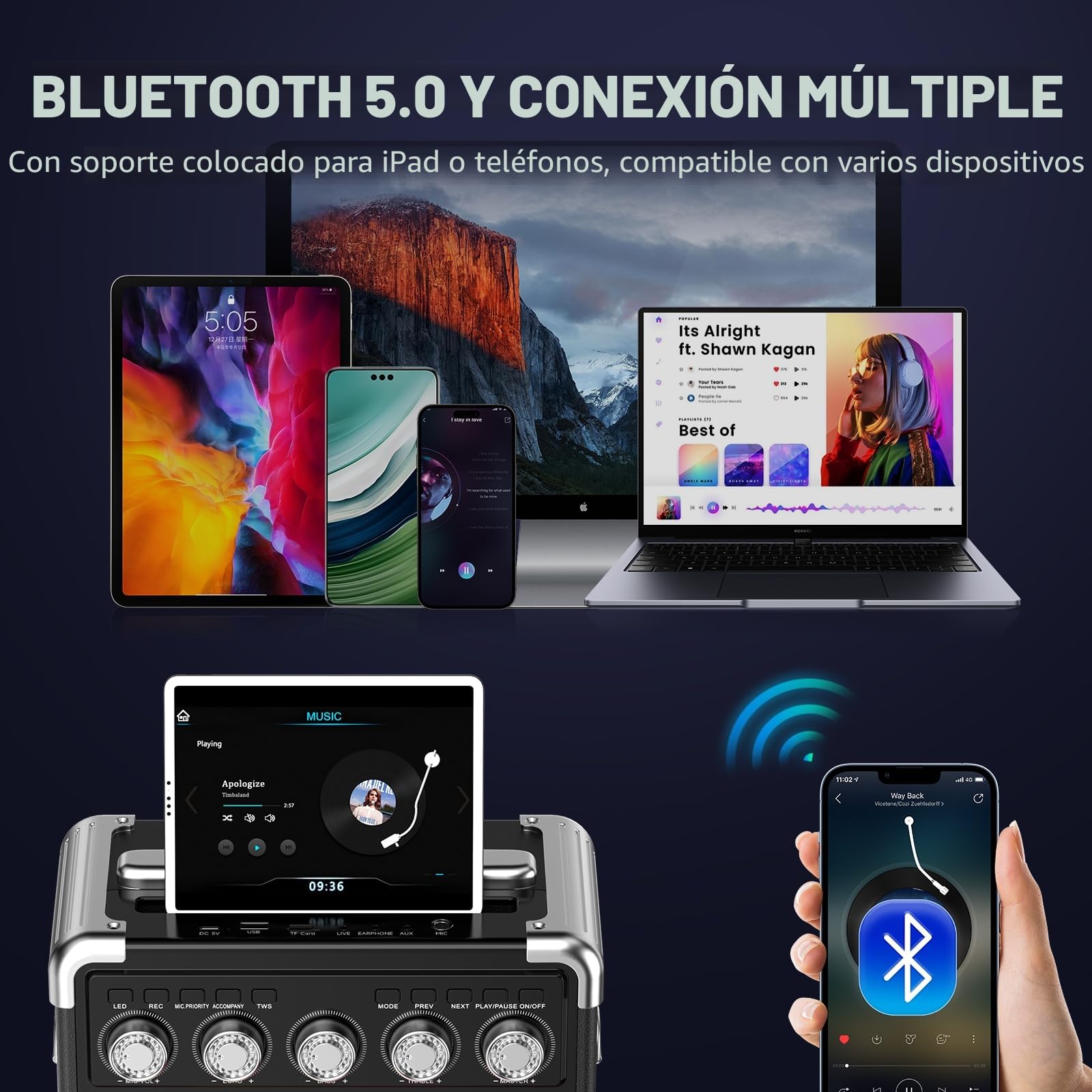 JYX Karaoke 2 microfonos inalambricos, portatil Karaoke Profesional Completo, Altavoz Karaoke de Sistema PA potatil y Luz LED y Mando a Distancia, soporta Bluetooth/TF/USB/AUX/TWS