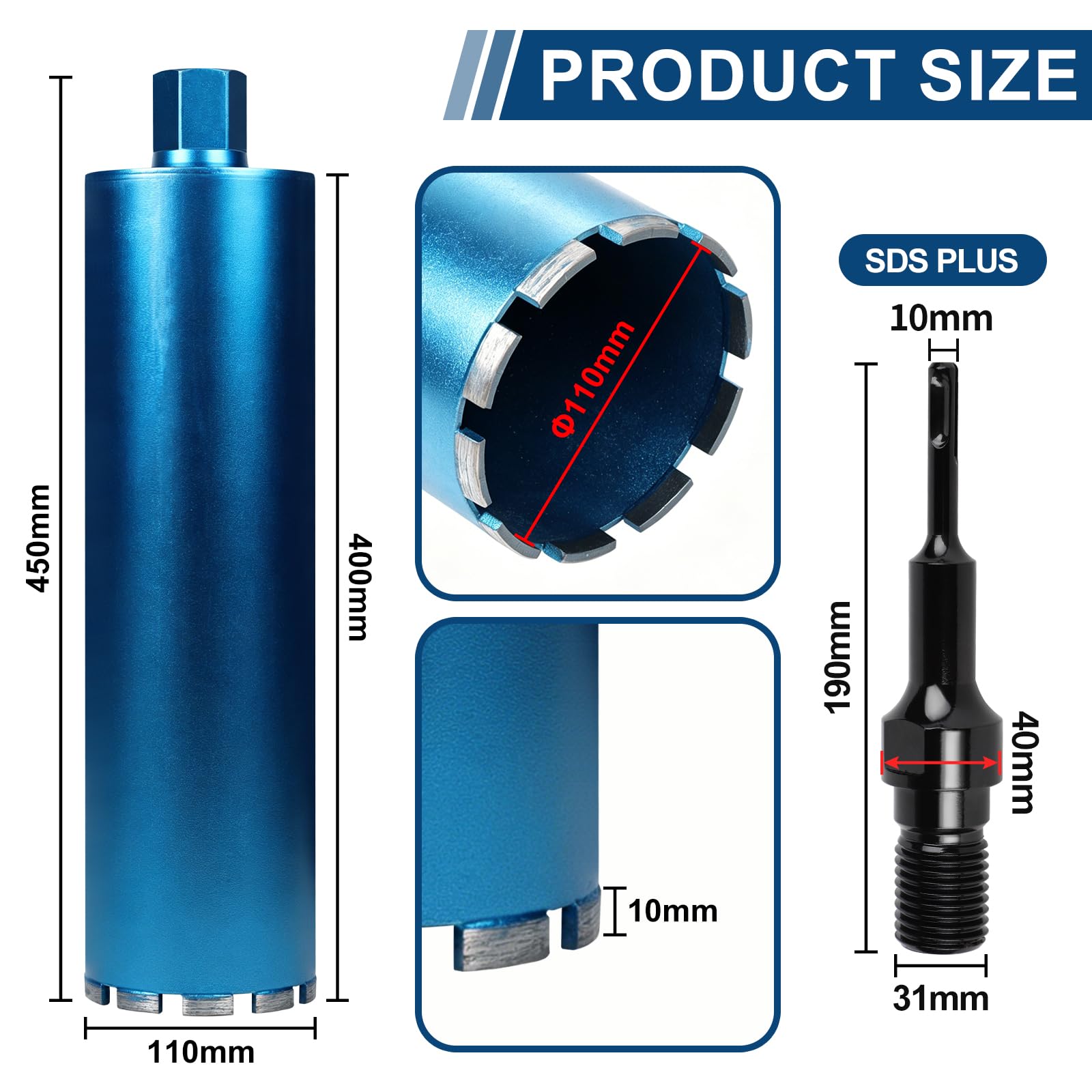 CPROSP Corona de Diamante para Hormigon Ø 110 mm con Adaptador SDS PLUS | Especificaciones: Corona de Diamante para Hormigon Ø 110 mm con Adaptador SDS PLUS