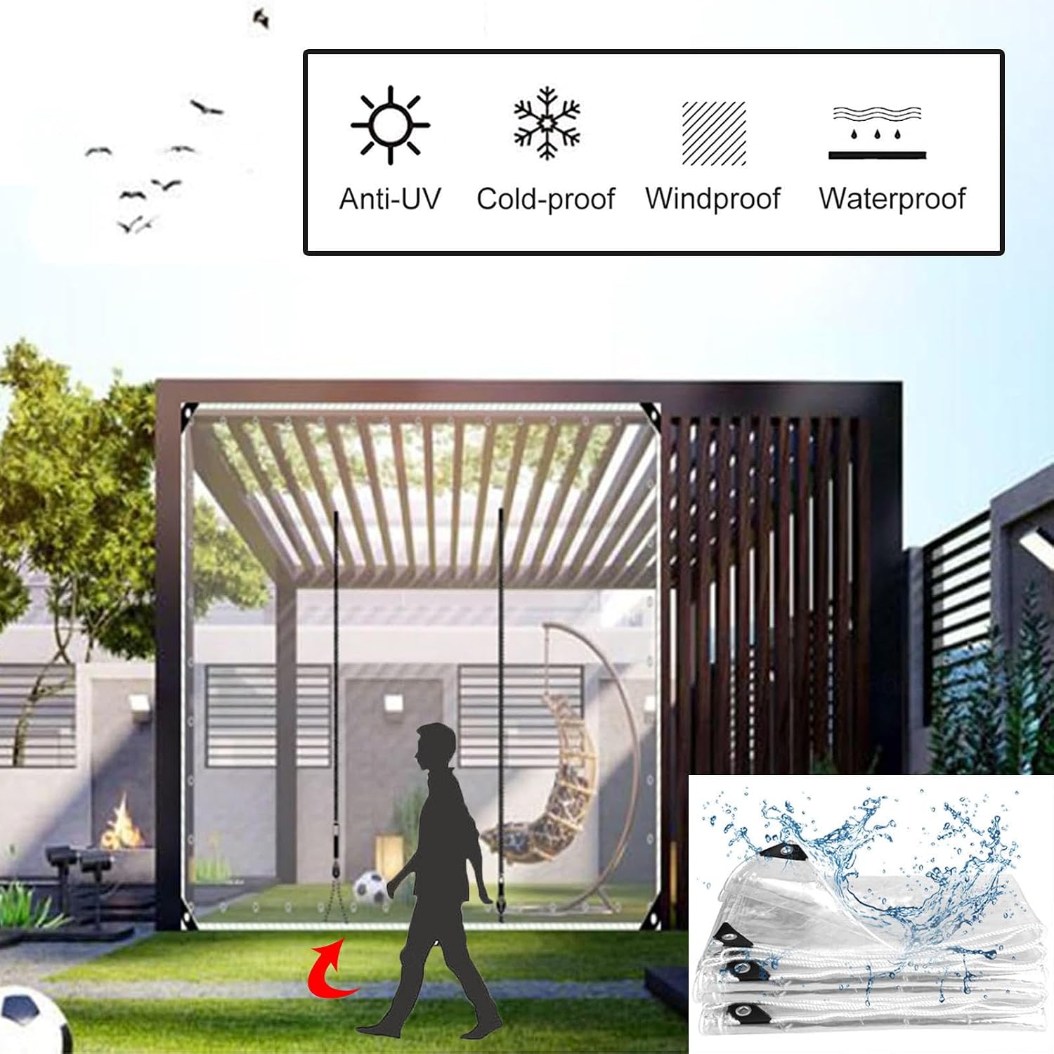 Outdoor Clear Tarp Curtain with Zip Door,0.5mm PVC Tarpaulin Cover with Grommets,Waterproof Transparent Tarpaulin Side Panels for Gazebo Pergola Porch Carport,Customisable,W×H-2.3×2m(7.5 * 6.6ft)