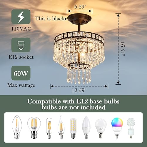 Miniatura 2 de Candelabro moderno de cristal con 3 luces semiempotradas, lámpara de techo negra para dormitorio, sala de estar, comedor, entrada, pasillo