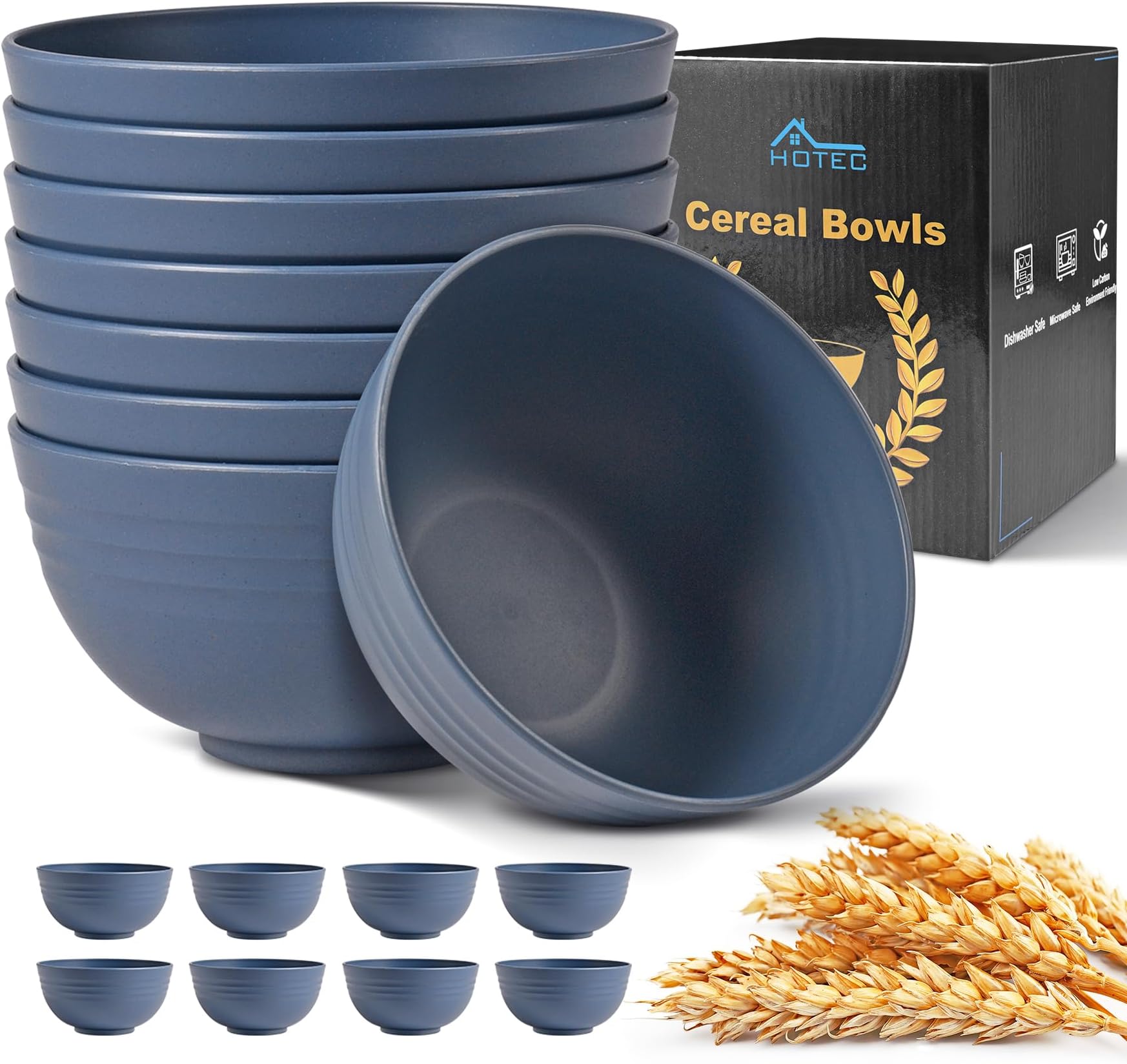 BPA Free Unbreakable Wheat Straw Cereal Bowls - Microwave & Dishwasher Safe Soup and Salad Bowls, Set of 8, 26oz, Classic Blue
