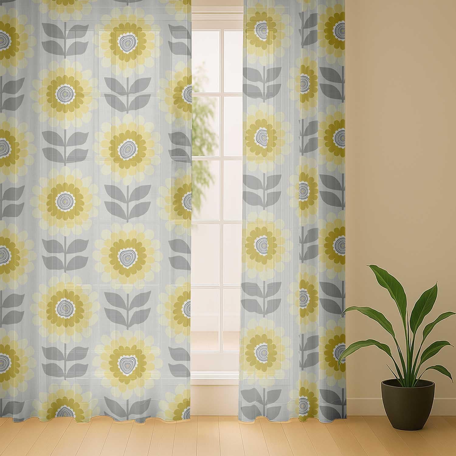 Flower Print Sheer Curtains for Short Windows - Set of 2 Panels, 63", Grommet Top, Printed Georgette, Light Filtering Drapes for Kitchen or Bedroom
