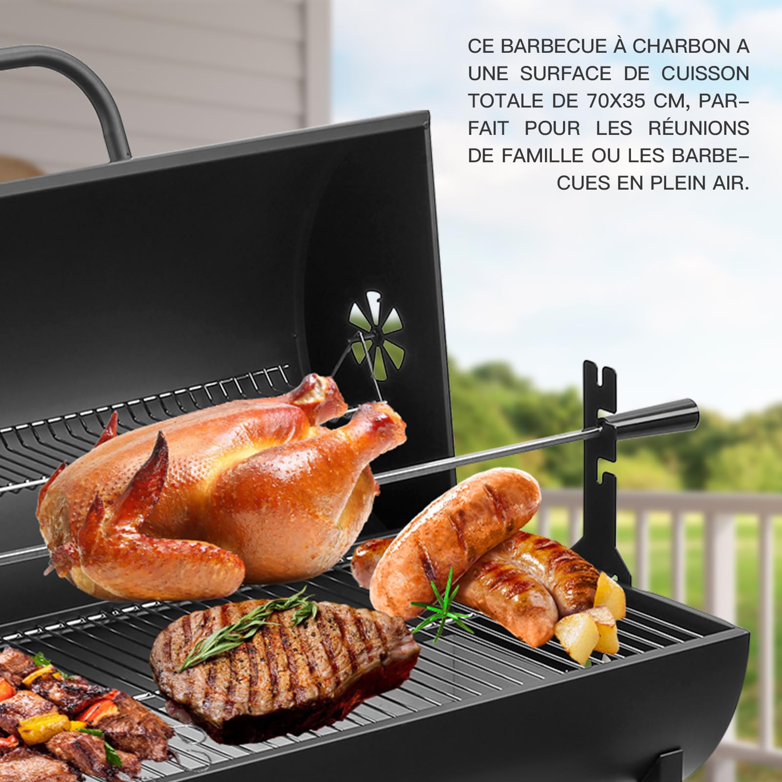 TEENO Grill XXL de carbón de madera, carrito de barbacoa con parrilla de pollo, barbacoa de carbón con tapa para jardín, terraza y camping