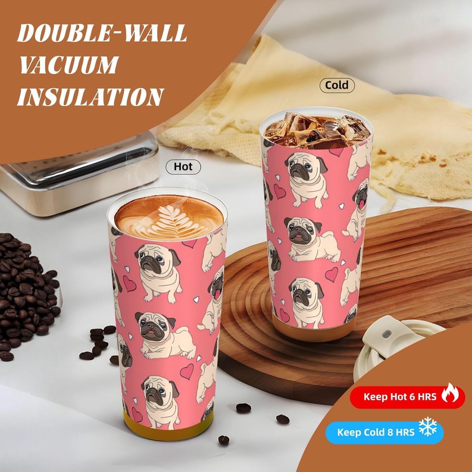 Funny Cartoon Pug Puppy Dog Print Leakproof Insulated Coffee Mug,Stainless Steel Dual Drink Travel Tumbler,17 OZ