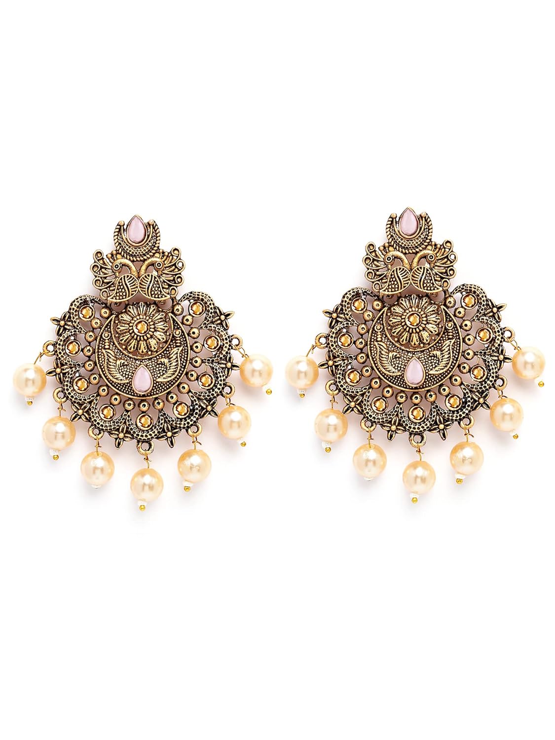 Karatcart Gold Plated Pink Floral Design Gloden Pearl Dangler Earrings for Women Karatcart Gold Plated Pink Floral Design Gloden Pearl Dangler Earrings for Women