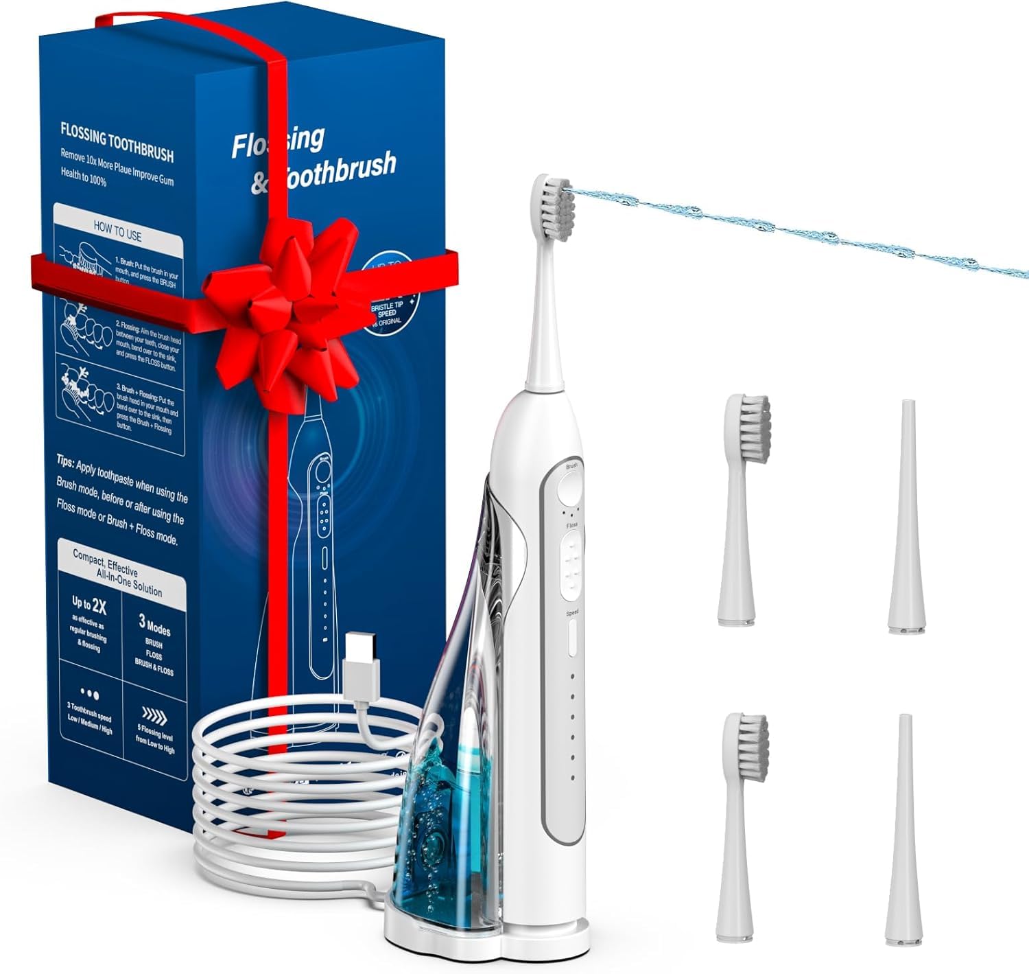Spazzolino Elettrico con Acqua Flosser Bianco Cilindrico | Modalità sonica 3 in 1, 5 velocità di filo interdentale con 2 spazzole+2 ugelli, spazzolino da denti portatile per adulti