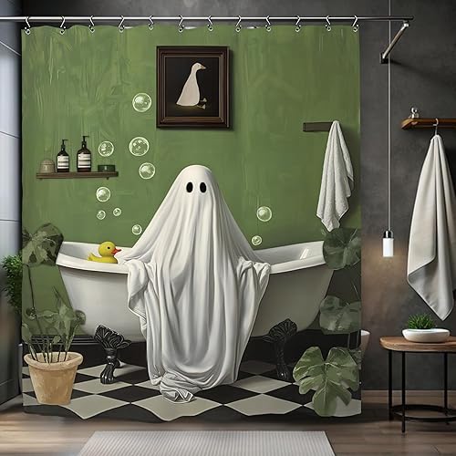 Divertida cortina de ducha de fantasma, de Halloween, 60 pulgadas de ancho x 72 pulgadas de largo, diseño de Monstera tropical, terror,