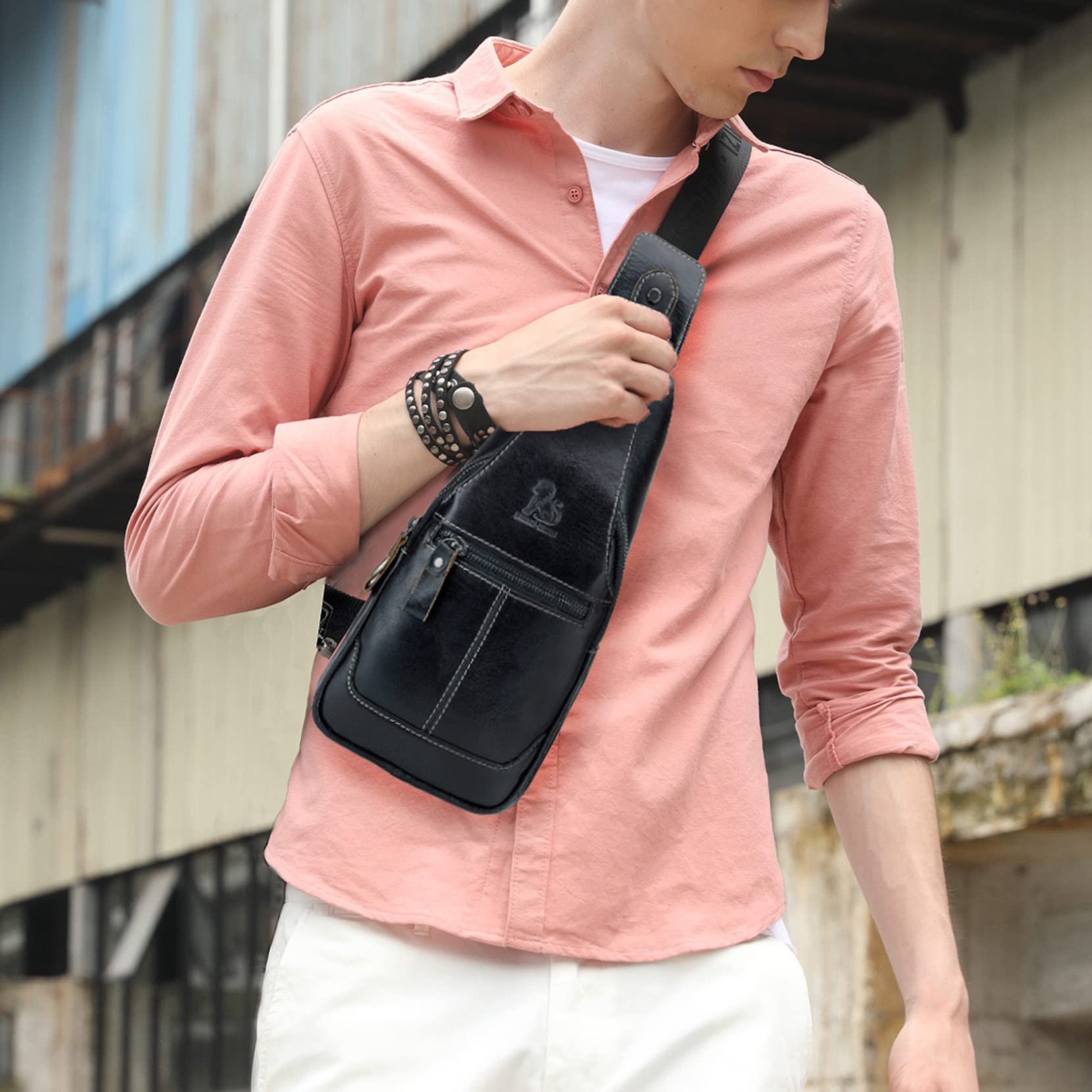 Bolsa de Pecho Para Hombres Bolso de Cuero Genuino Deportes y Ocio al Aire Libre Bolsa Pectoral Multifuncional Vintage de Moda e Impermeable Negro