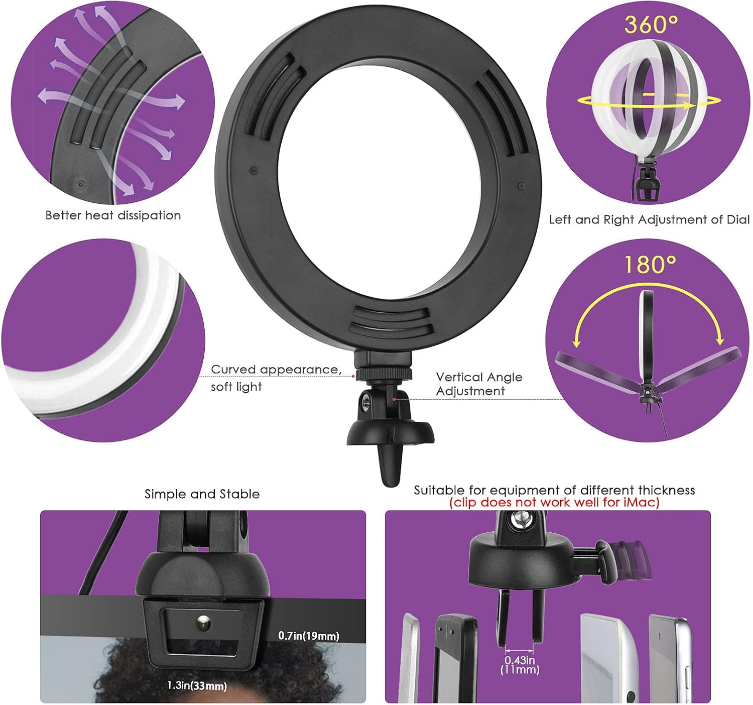 6" Ring Light for Laptop with Stand & Clip on, Video Conference Lighting, Zoom Lighting for Computer, Laptop Webcam Light for Zoom Meetings, Makeup, Selfie, Tiktok (Dimmable & 2M USB Cable)