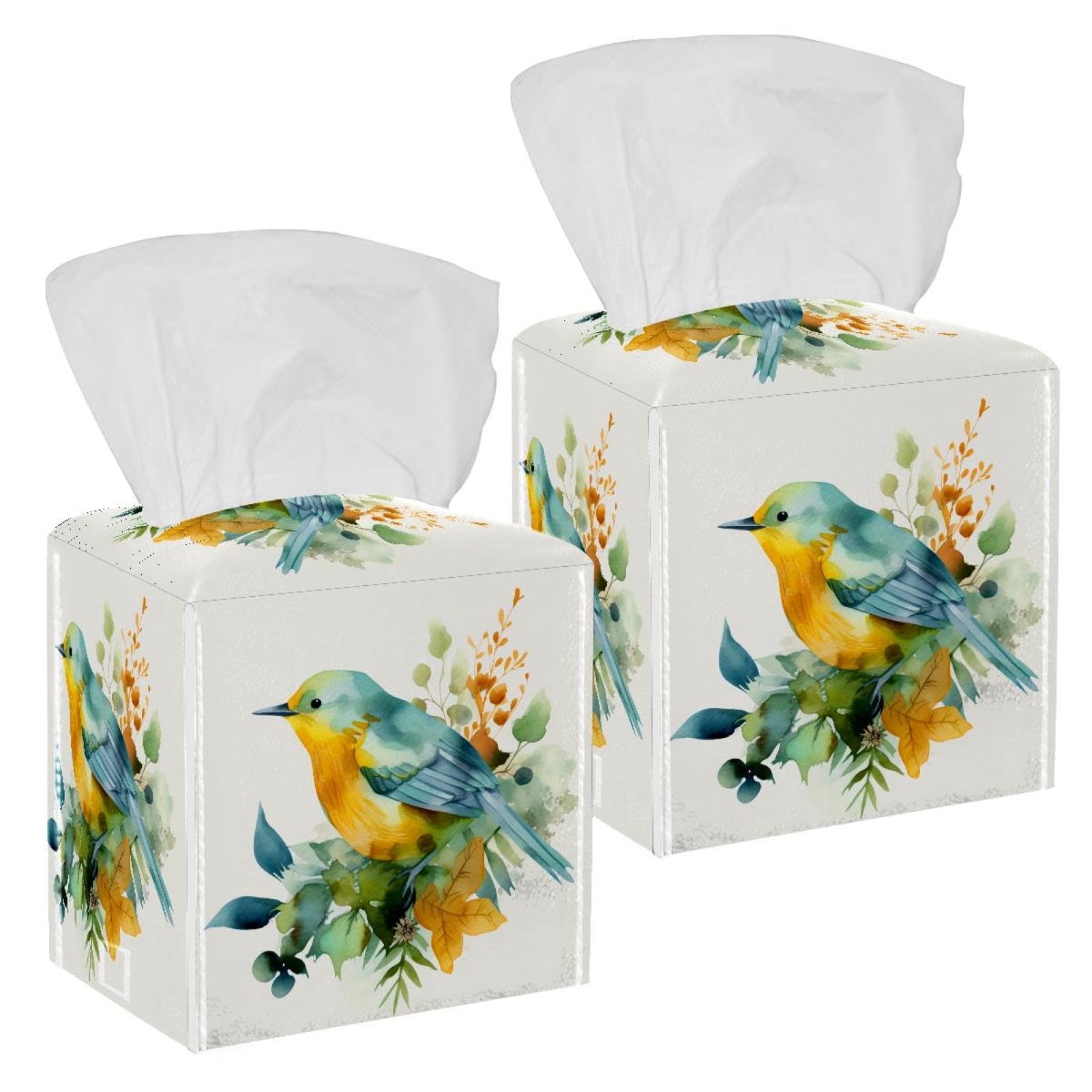 Watercolor Bird Tissue Box Cover, 2 Pack PU Leather Square Facial Tissue Dispenser Box holder for Home Office Car