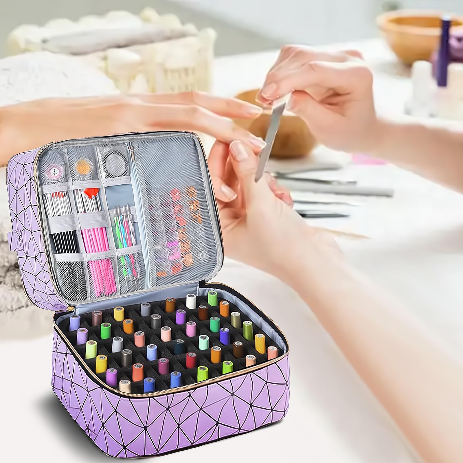 3-Layer Travel Makeup Bag,Nail Polish Organizer,Nail Tools Storage,2 in 1 Removable Polish Package,Waterproof,Adjustable Dividers Compartment,Holds 84 Bottles of 15ML Nail Polish - Image 4