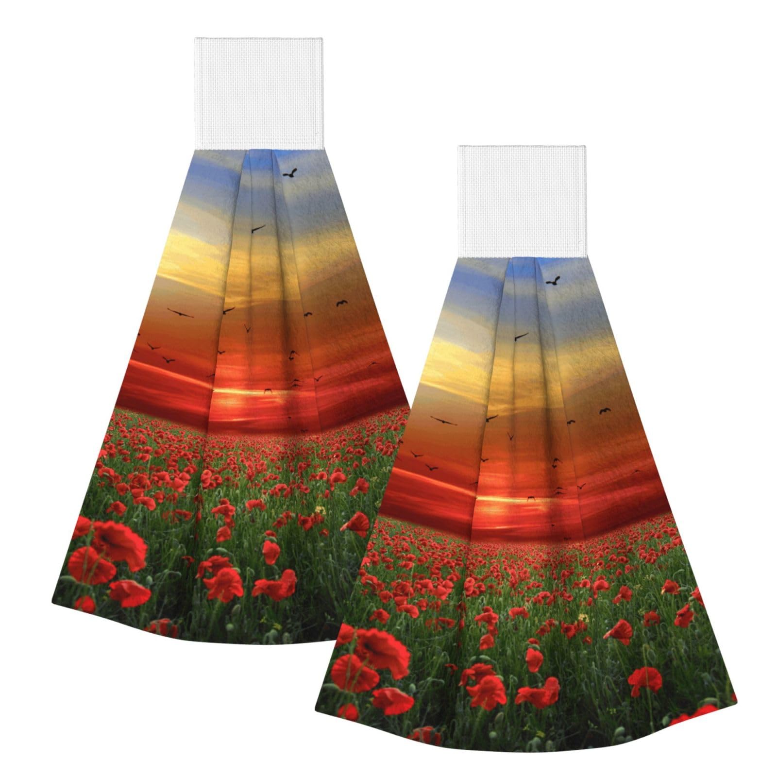 DOPKLNA Red Poppy Flower Field In Sunset Printed, 2 Pcs Hanging Coral Fiber Hand Towels for Bathroom, Absorbent Kitchen Towels