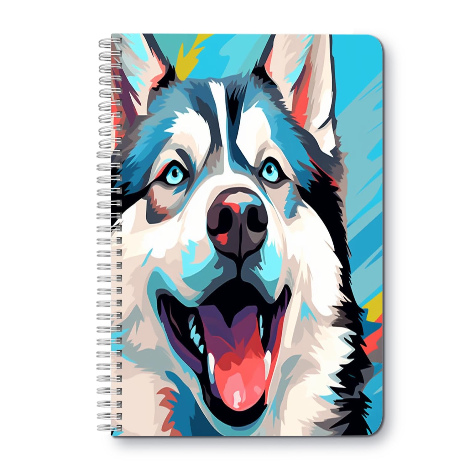 Spiral Notebook Lined College Lined Journal Composition School,College & Office Supplies,100 Pages,5.71x 8.26 in - Happy Husky Dog Set Against A Blue