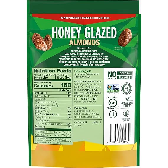 Emerald Cashews, Glazed Nut Snack, Sweet and Crunchy Cashews, Protein Snack, Resealable Bag, Honey Glazed Cashews, 5 Ounce (Pack of 2)