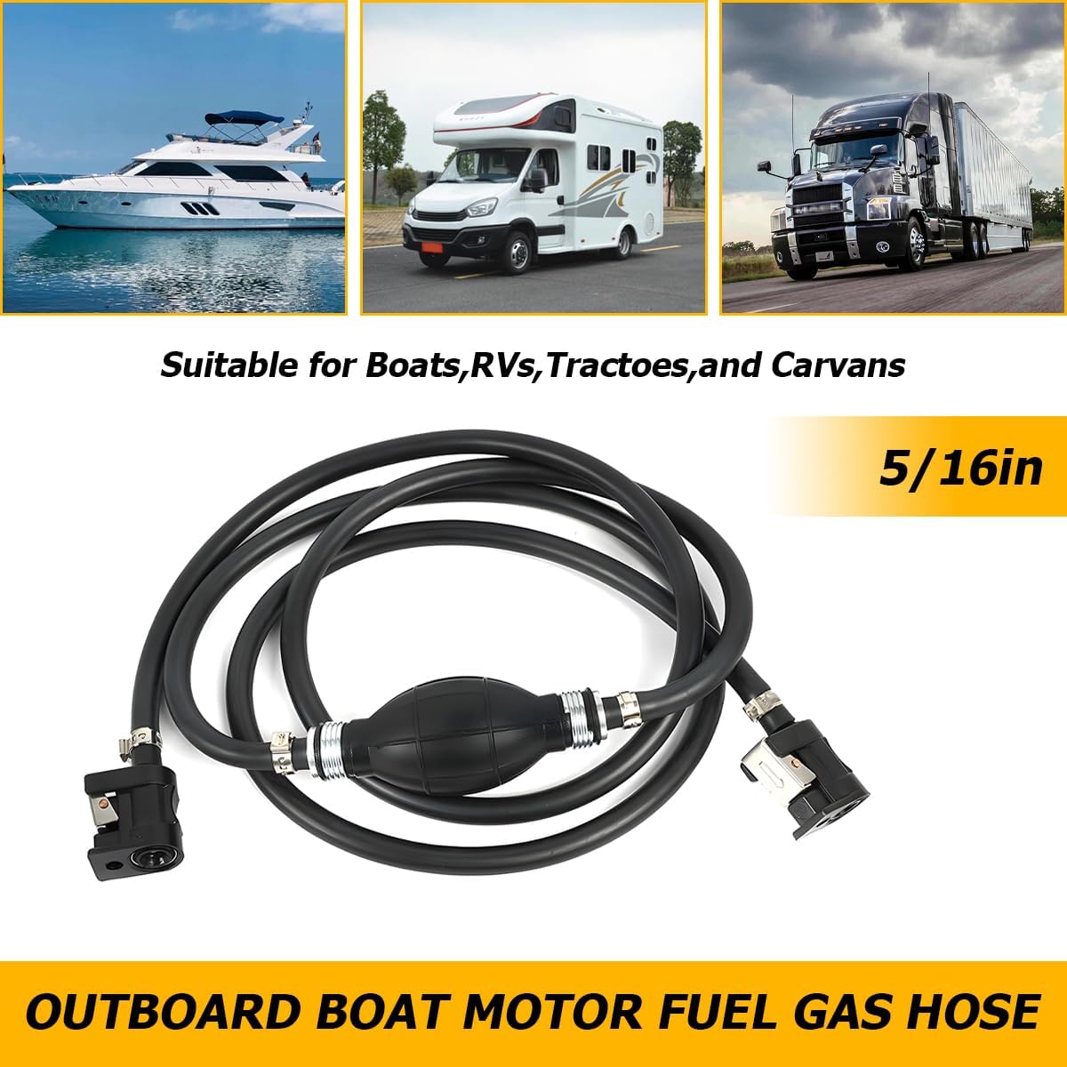 BESULEN 5/16" 6FT Car Fuel Line Assembly, Universal Dia Hose Marine Boats Outboard Motor RVs, Assembly with Primer Bulb Steel Hose Clamps, Compatible with Gas Diesel Petrol Tractor Caravan