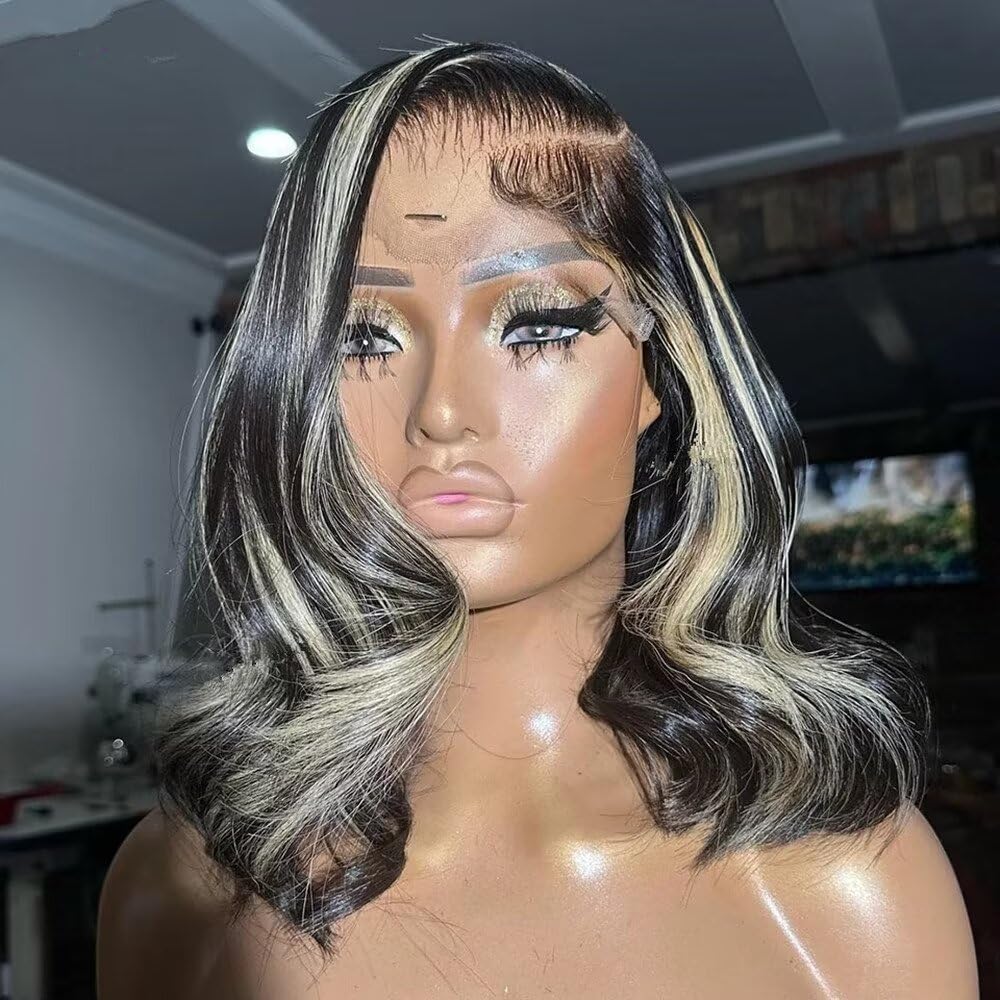 1B 613 Blonde Highlight Bob Wavy Human Hair Lace Front Wigs 13X4 HD Invisible Lace Frontal Wigs Short Loose Wave Human Hair Glueless Wigs Pre Plucked With Baby Hair Bleached Knots 180% Density