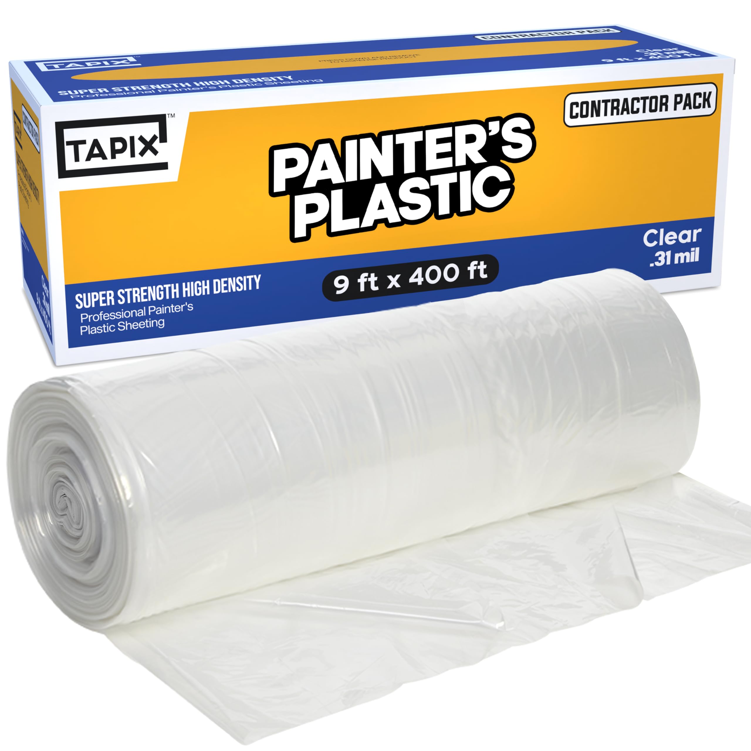 Painter's Plastic Film, 400' Length x 9' Width High, High Density Painters Plastic Sheeting Roll in Box with Dispense Hole for Easy Paint Plastic Covering