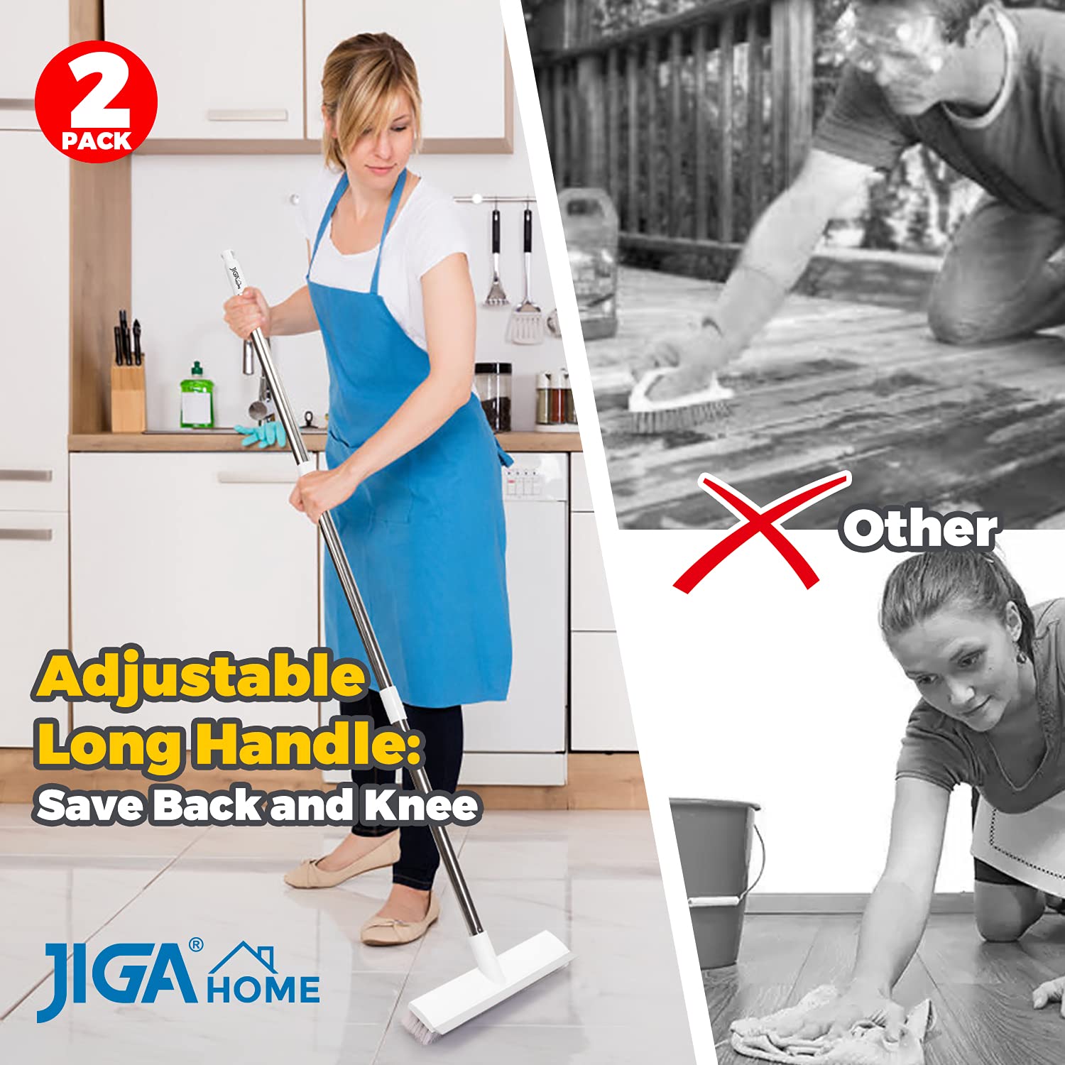 Bathroom Cleaning Brush with Wiper and Squeegees,Tiles Cleaning with Long Handle Tile Cleaner Bathroom Floor Brush Window Cleaning Brush Floor Scrub Brush (3 in 1 Brush) 2