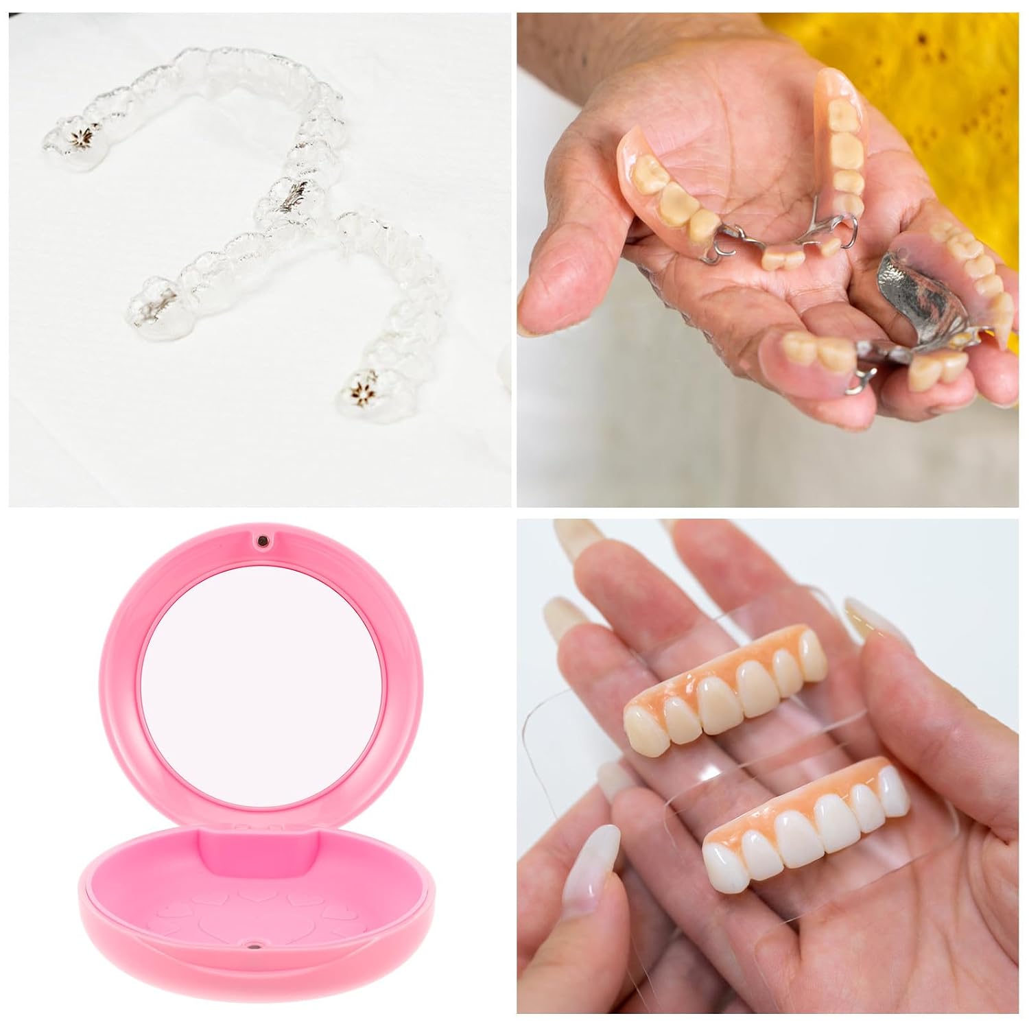 Pink Retainer Case with Mirror, Plastic and Glass Storage Box for Travel