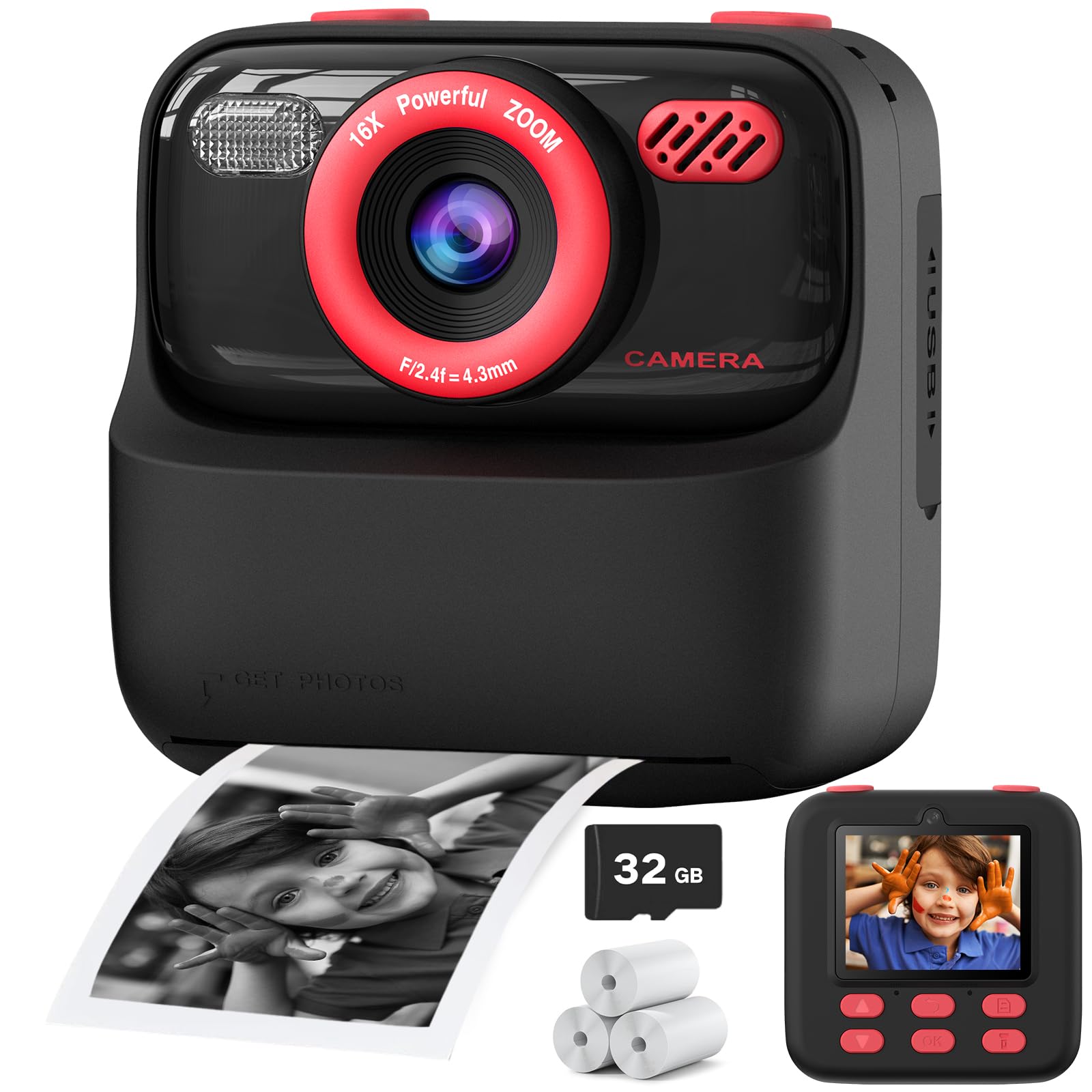 Kids Instant Digital Cameras for Boys and Girls, 1080P HD Dual-Lens Selfie Digital Camera with Print Paper & 32G Card, Christmas Birthday Gifts Toys