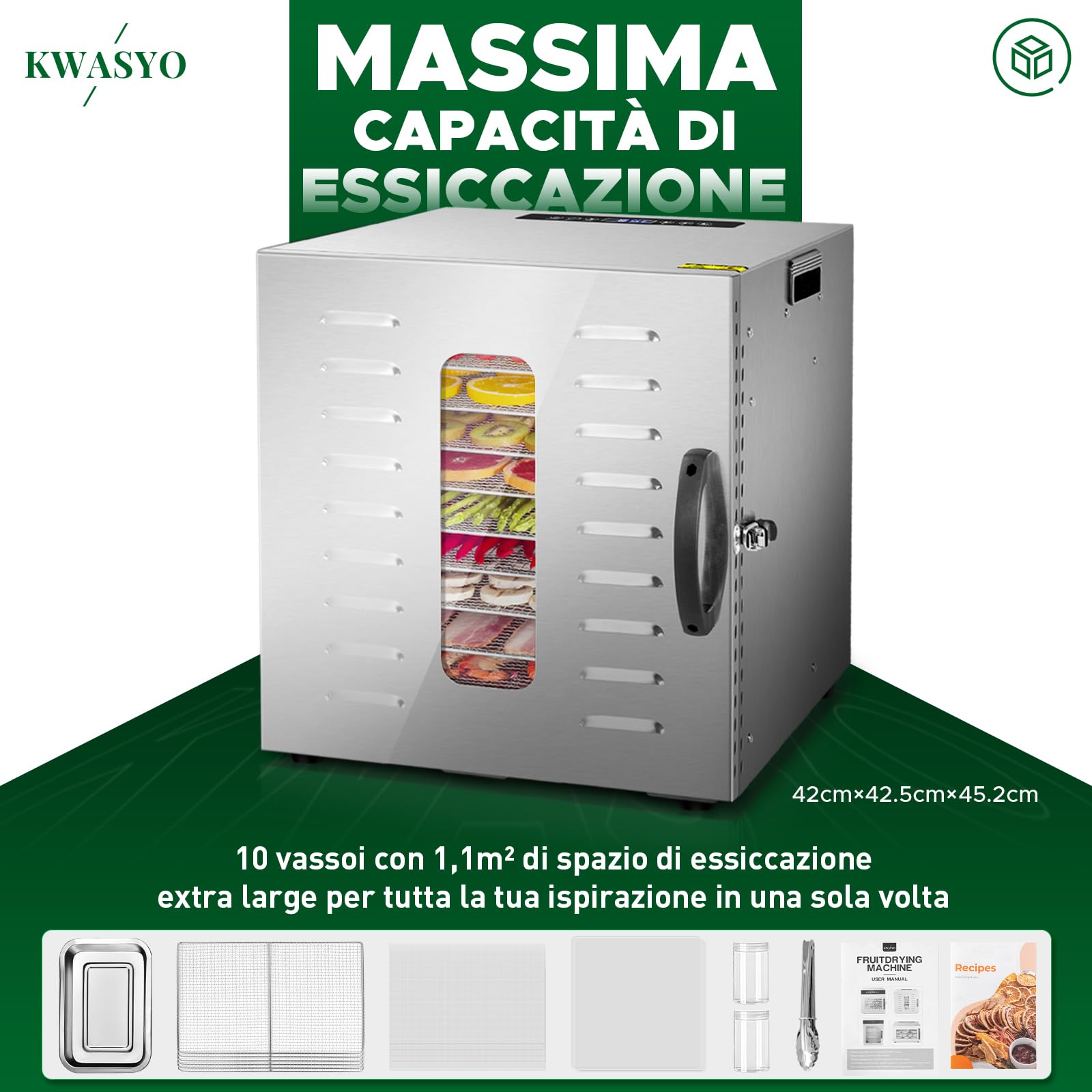 Kwasyo Essiccatore Alimentare in Acciaio Inox DA 1000, superficie di essiccazione XXL 1,8 m², temperatura regolabile 30-90℃, display LED, 24 ore, senza BPA, con ricettario, 10 vassoi in acciaio inox