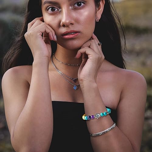 Miniatura 5 de BOMAIL Juego de 2 a 9 pulseras de mal de ojo Hamsa con piedras preciosas de lava de 7 chakras, pulseras de piedras de lava con dije de Hamsa de ojo