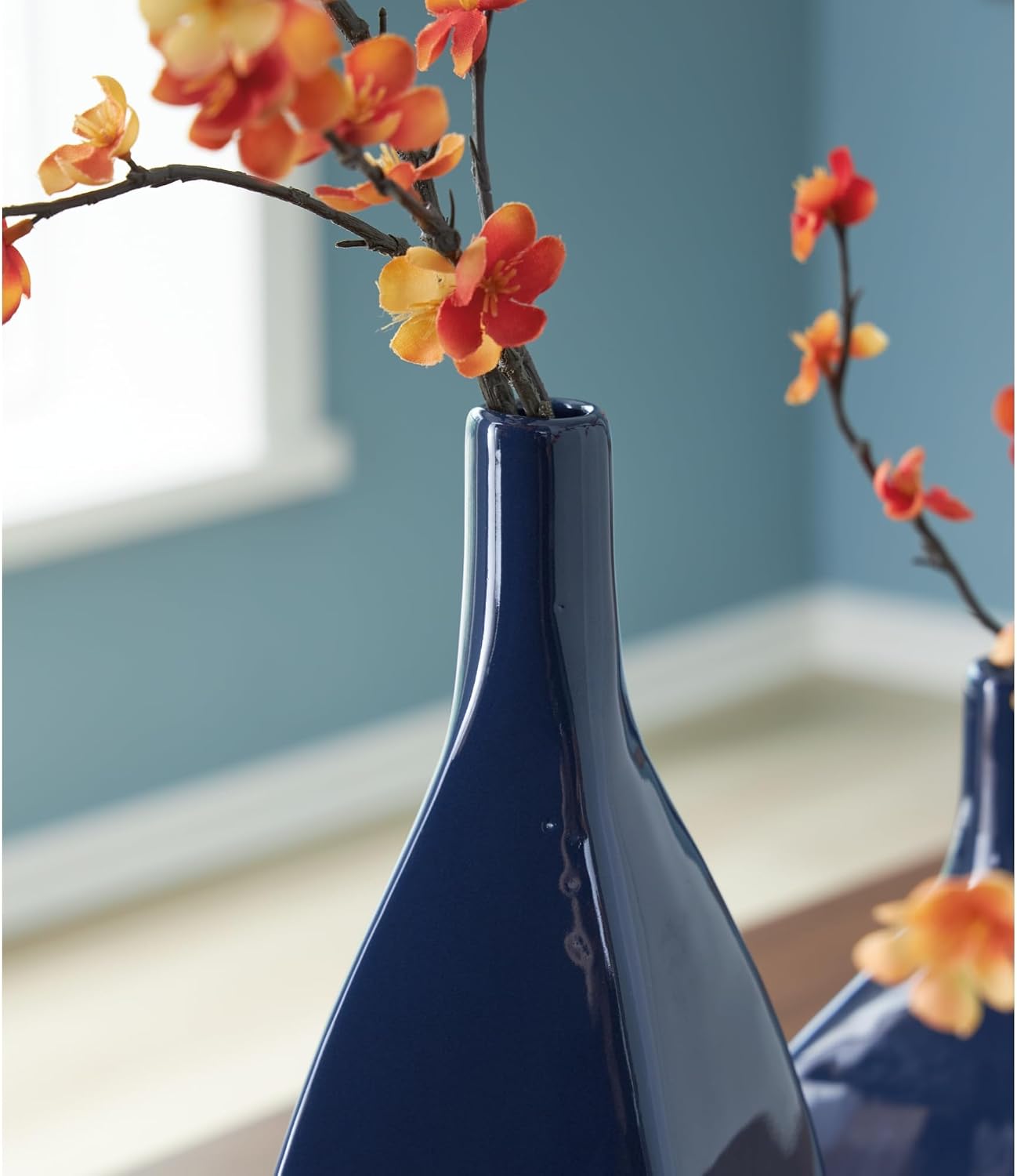 Signature Design by Ashley Abtinson Modern Indoor and Outdoor Glazed Ceramic Vase, for Indoor/Outdoor Use, Faux & Dried Florals Only, Blue, 6.5" W x 5" D x 16.38" H