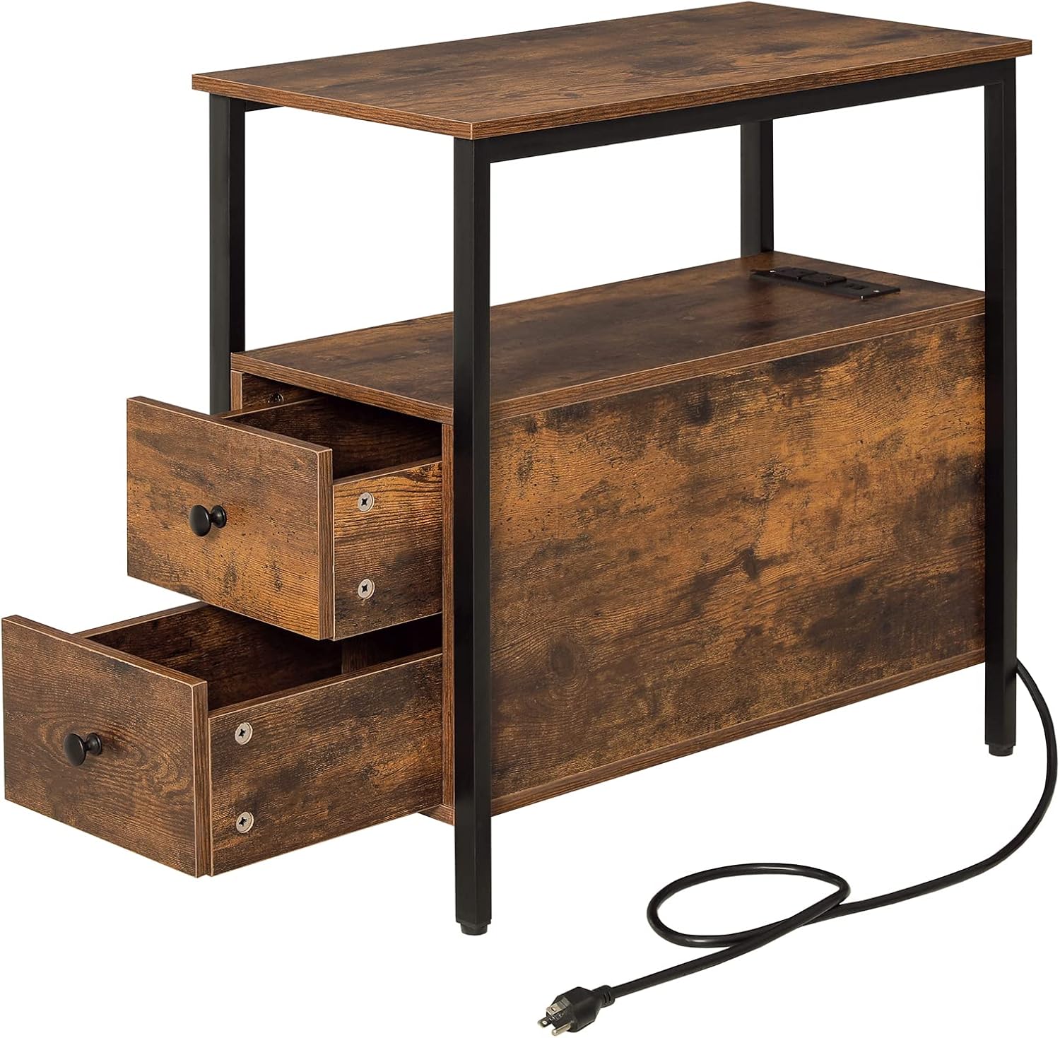 WEENFON Side Table with Charging Station,Narrow Sofa end Table with 2 Deep Drawers for Small Spaces,Recliner Side Table and Bedside Table,Living Room, Bedroom,Rustic Brown and Black Rustic Brown 1 Pack