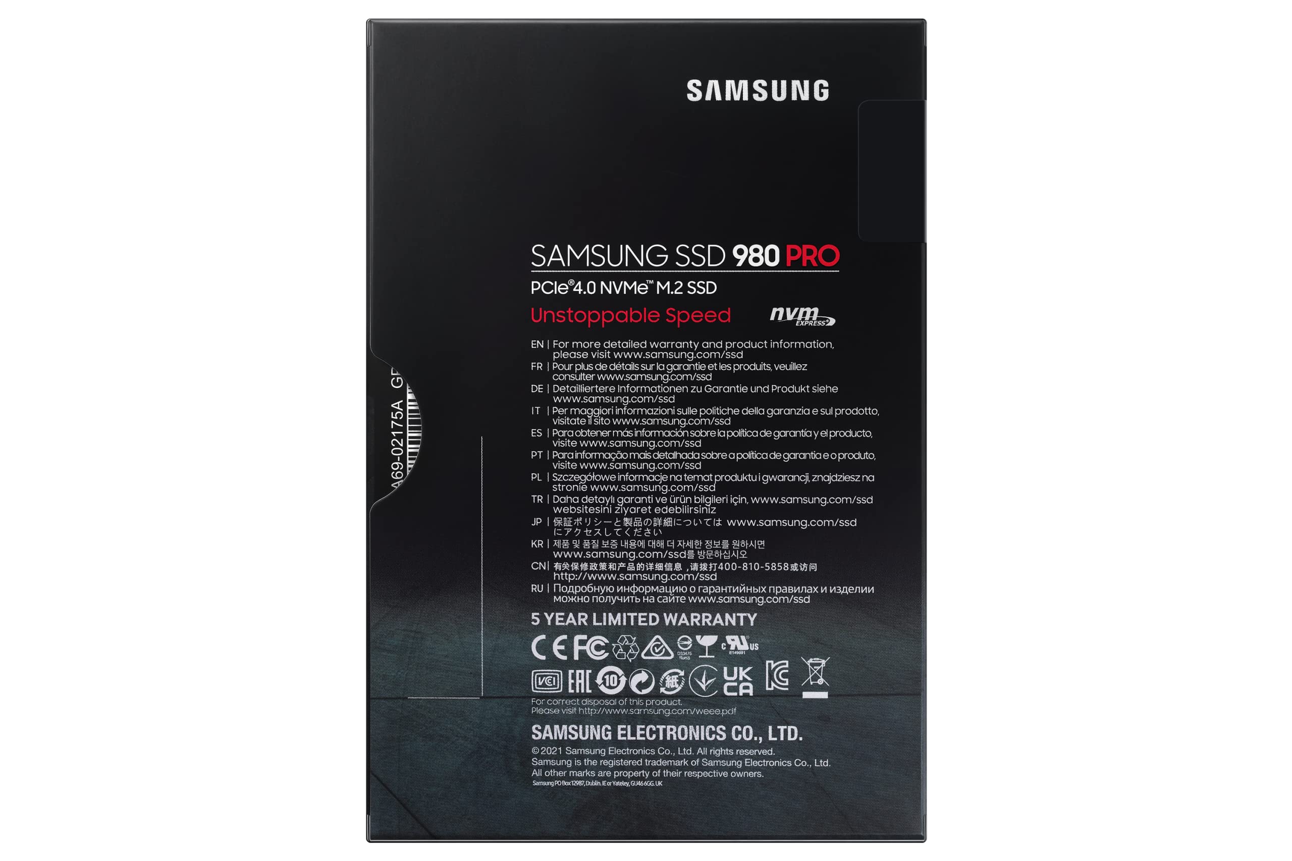 Samsung 980 PRO NVMe M.2 SSD, 2 TB, PCIe 4.0, 7.000 MB/s Lesen, 5.000 MB/s Schreiben, Interne SSD für Gaming und Videobearbeitung, MZ-V8P2T0BW