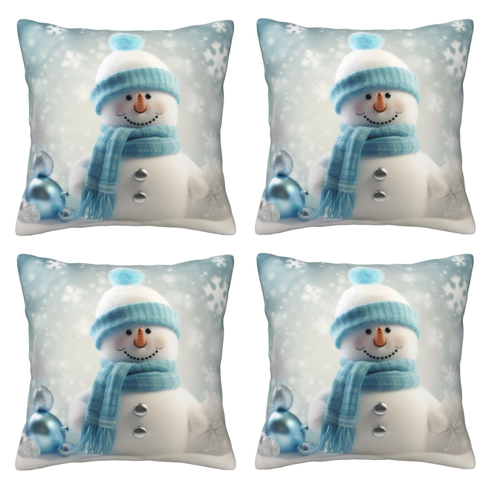 Happy Snowman Throw Pillow Cases 4 Pack Square Pillowcases Super Soft Pillow Protectors With Zipper for Couch Livingroom Sofa Bed Office Car,50x50 CM