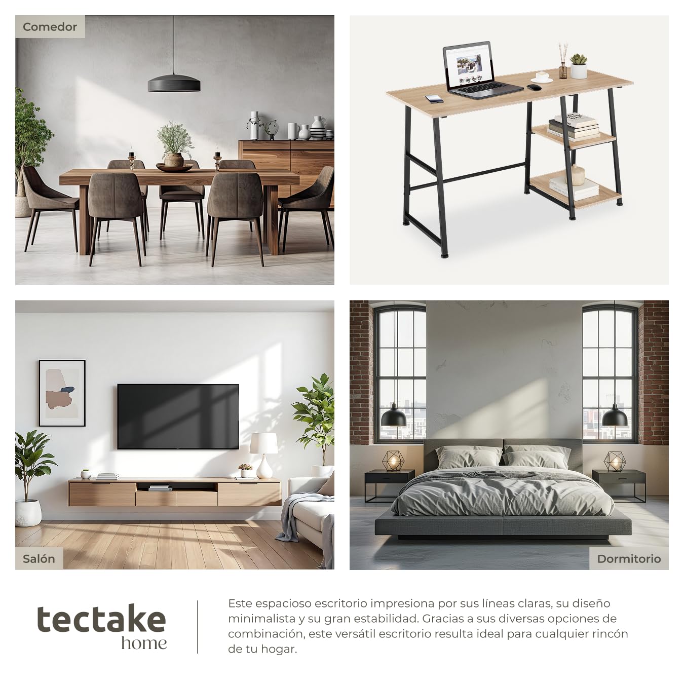 tectake® Mesa Escritorio con 2 Estantes Integrados, Pies Ajustables, Moderno Escritorio para Ordenador, Mesa Oficina, Fácil Montaje - 120 x 50 x 73,5 cm Madera Industrial Clara, Roble Sonoma