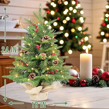 Kadunmina 2ft Pre-lit Table Top Christmas Tree, Small Artificial Xmas Tree with 50 LED Lights/177 PE&PVC Tips/Berries&Pinecones, 24 Inch Mini Tree with Burlap Base for Holiday Indoor Decor, 8 Modes