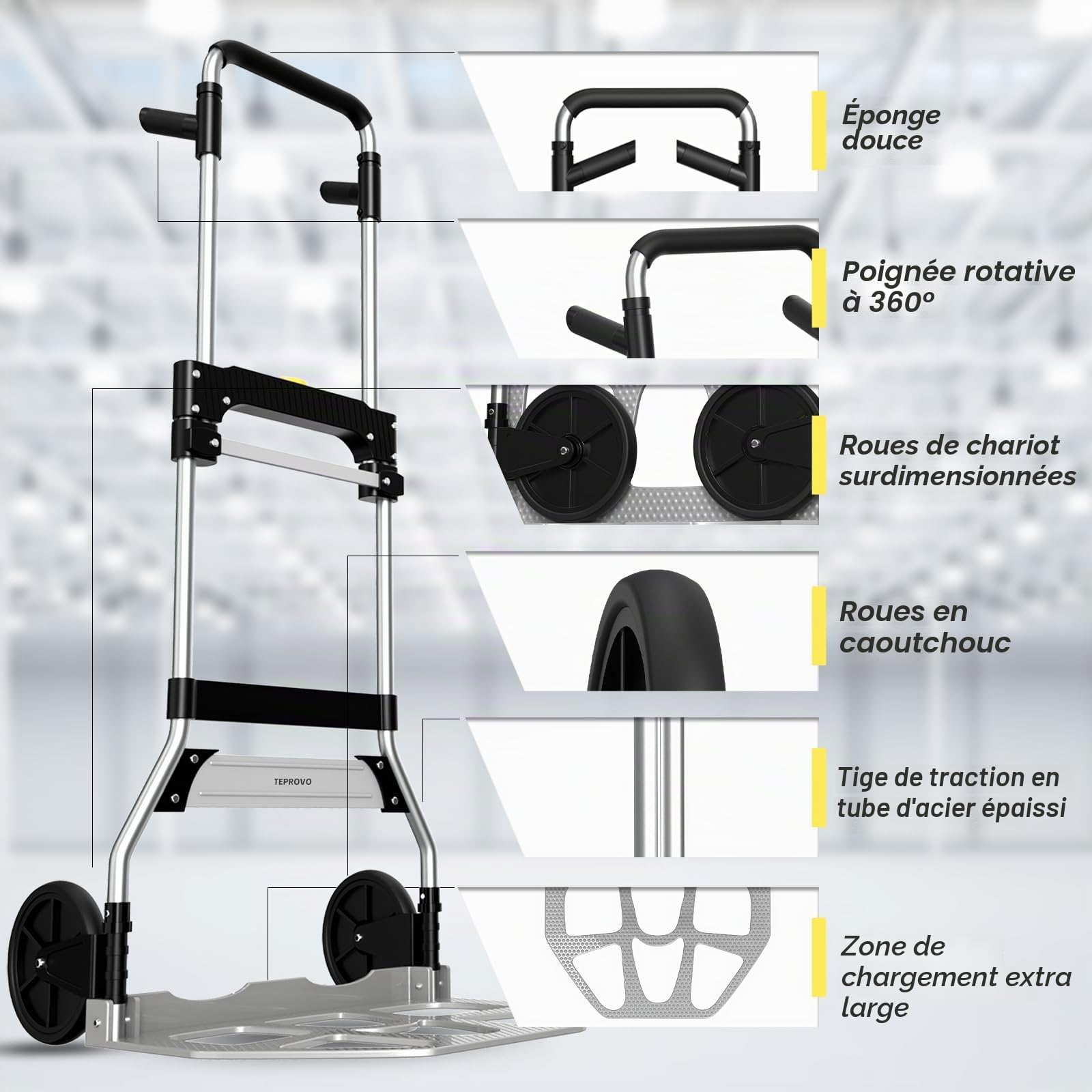 Teprovo Chariot pliable de capacité 154,2 kg avec poignée télescopique et roues en caoutchouc de 17,8 cm pour déménagement, courses, voyage, usage au bureau