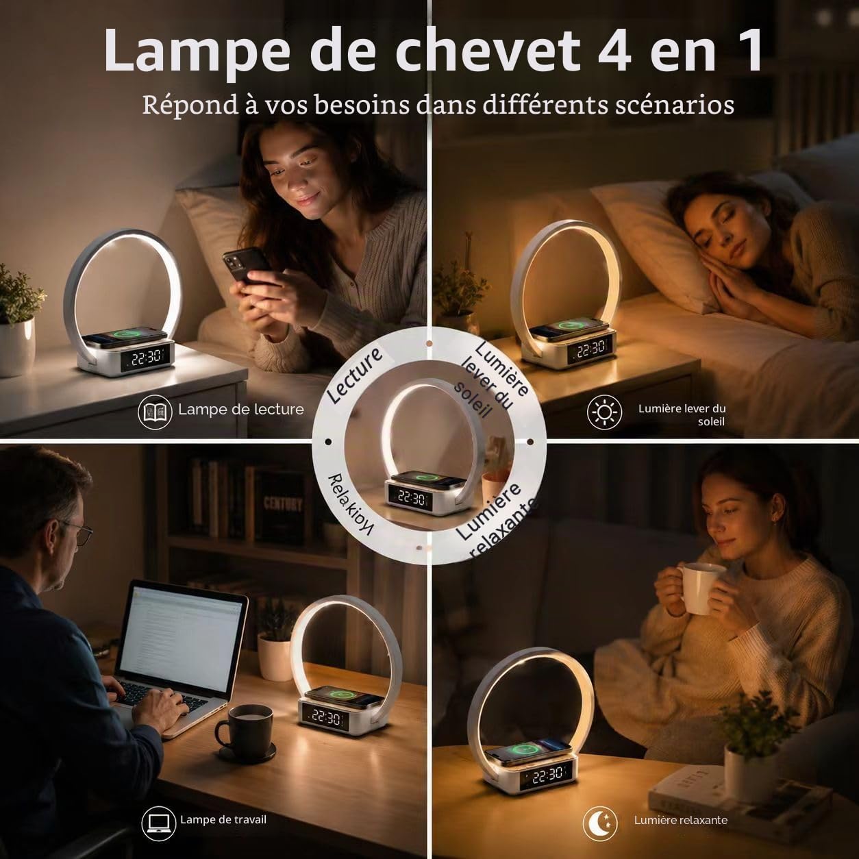 Lampe de Chevet Tactile Dimmable,10W Lampe de table avec Chargeur sans Fil de Réveil lumineux,Lampe de bureau avec Affichage de l'horloge 3 Niveaux de Luminosié Pour chambre à coucher, bureau