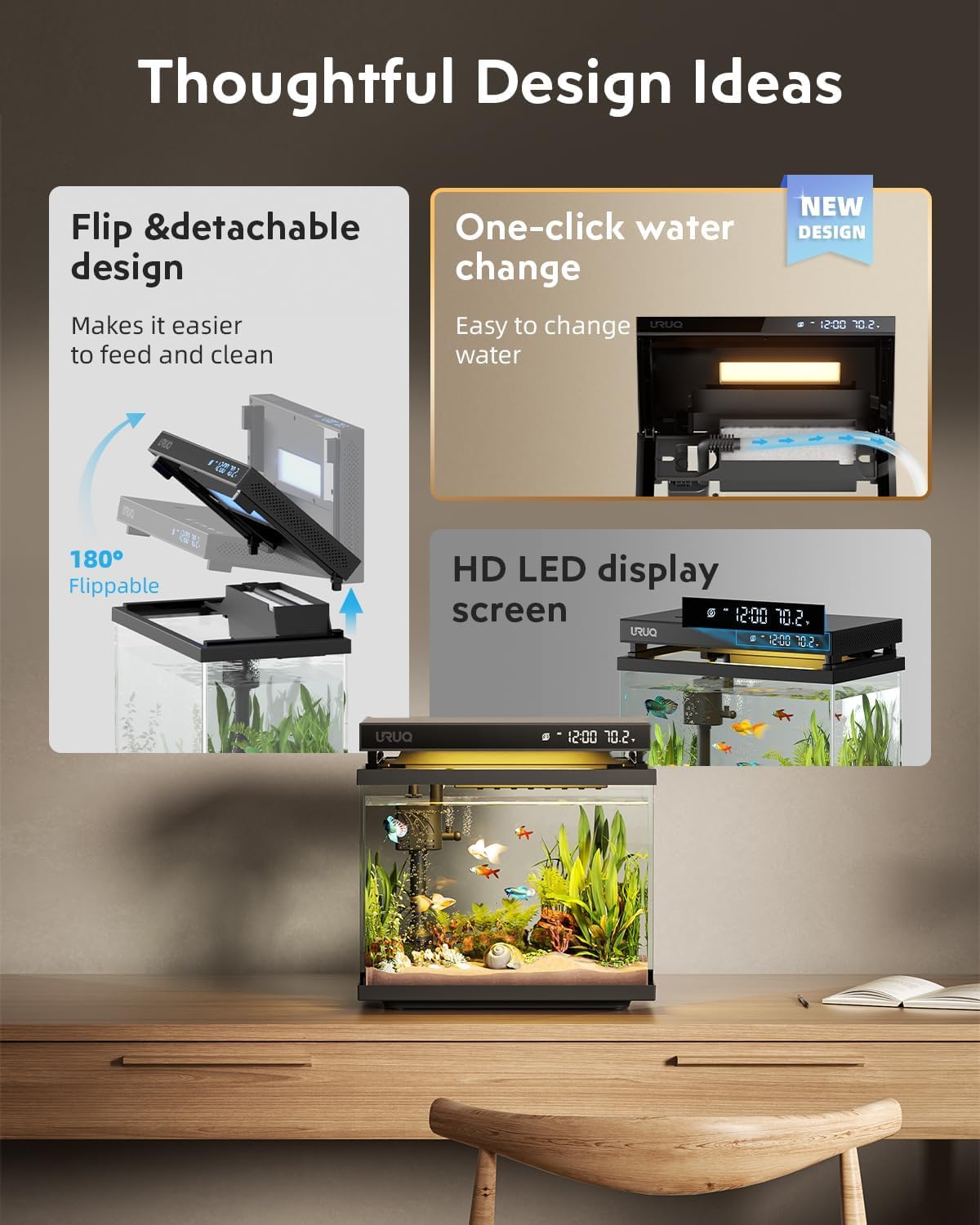 Kit d'aquarium intelligent pour aquarium : pompe à eau silencieuse en verre UHD de 7 gallons, système de filtration multicouche autonettoyant, détection de température, éclairage 7 couleurs pour