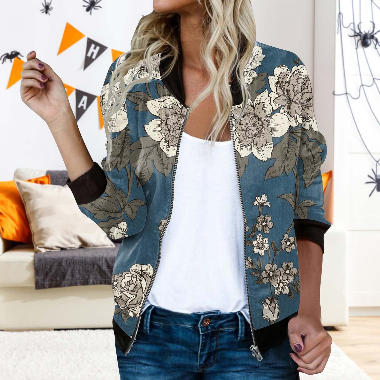 Blouson Bomber Femme Fleuri Printemps - Veste Courte Zippée - Manches Longues - Style Décontracté Et Chic