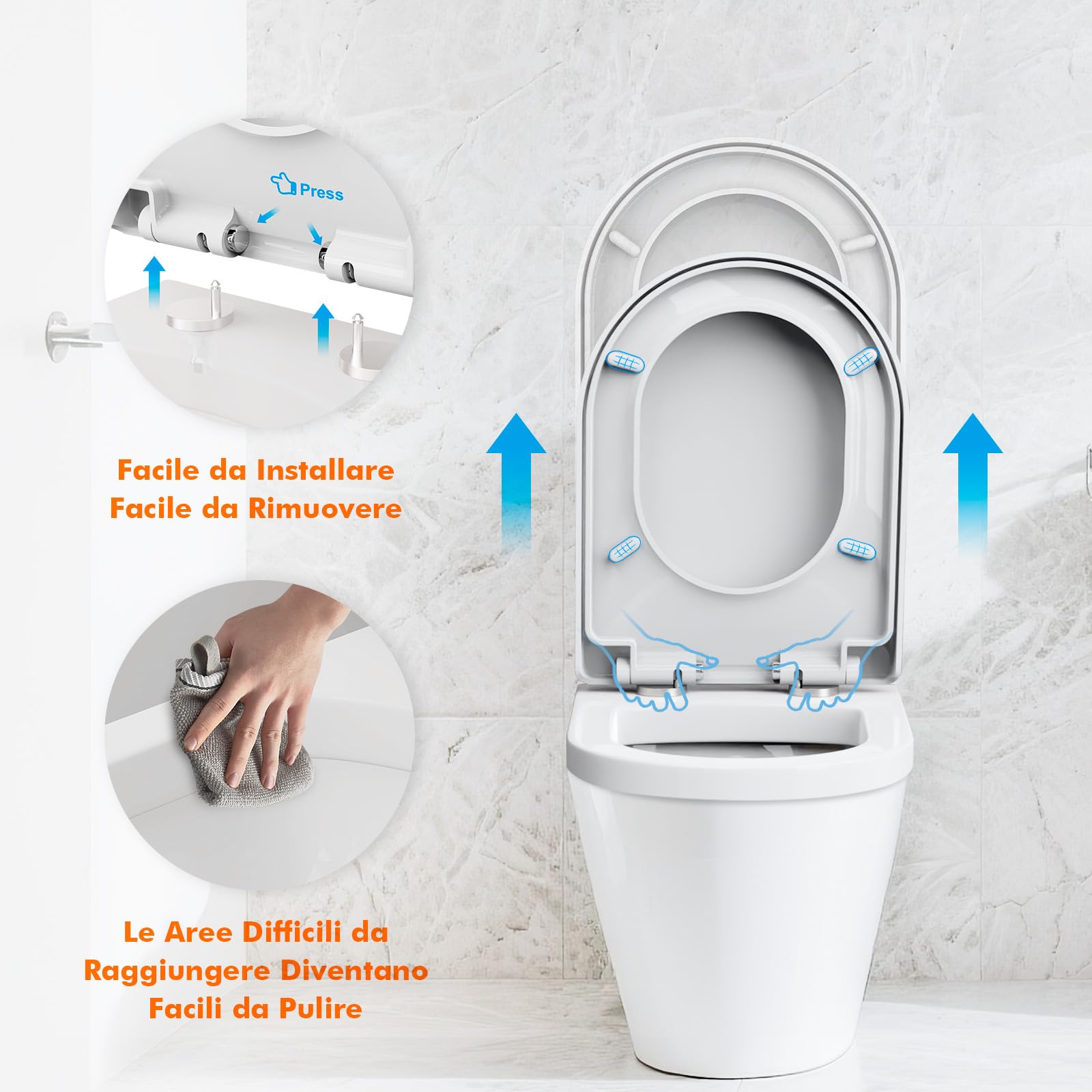 Ibergrif M41001 Sedile WC, Copriwater Universali D Forma,Tavoletta WC Chiusura Ammortizzata, Rapido Montaggio,Plastica Antibatterico Facile da Pulire, Bianco, 468 x 361 x 42 mm