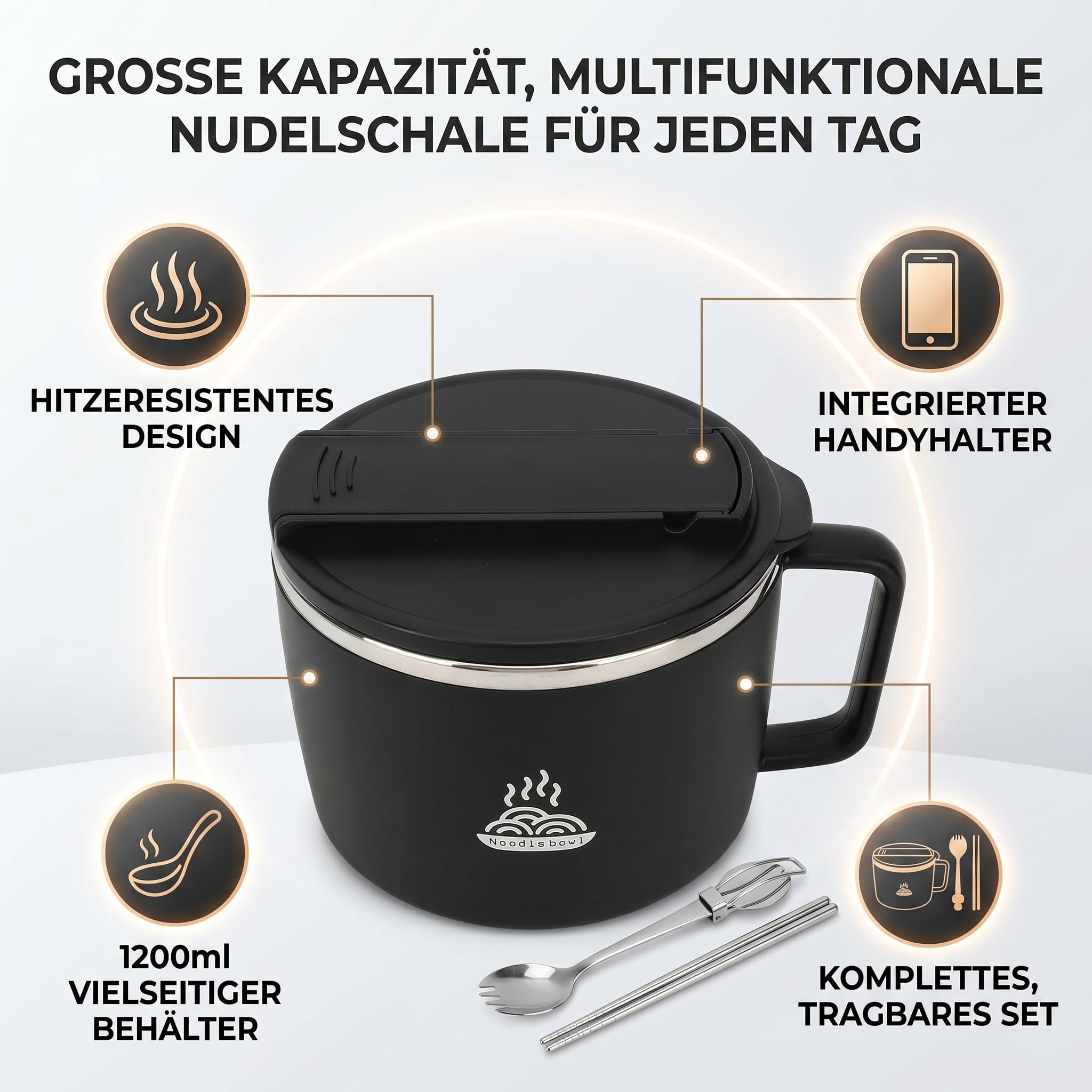 Doppelwandige Ramen-Schüssel aus Edelstahl mit Telefonhalter, 1200 ml, Tragbare Suppenschale für Büro, Schwarz