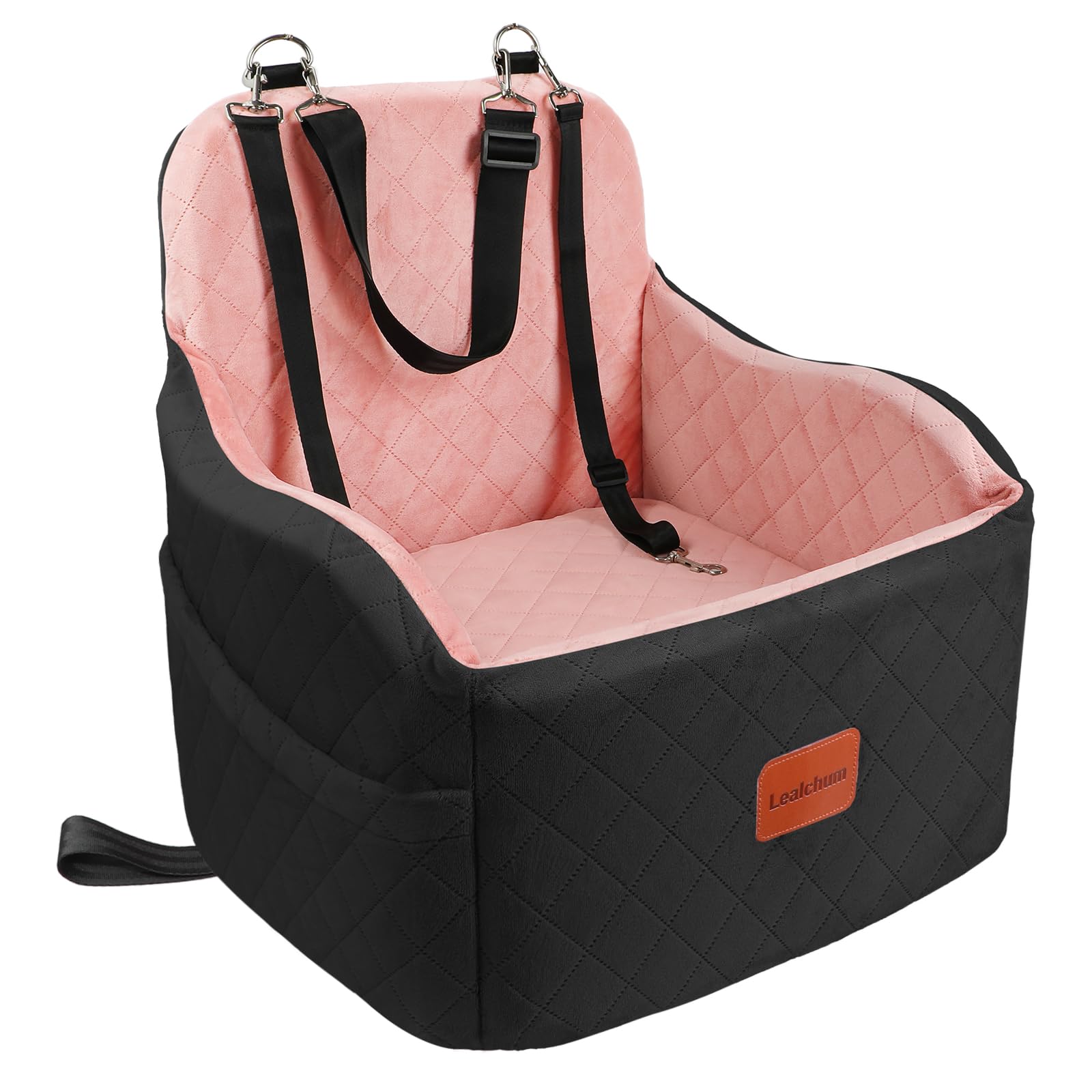 Lealchum Dog Booster Car Seat for Small/Medium Dogs,Puppy Portable Seat for Car with Elevated Cushion,Fully Detachable and Washable Pet Seat with Storage Pockets,Easy to Install (Black/Pink, Medium)