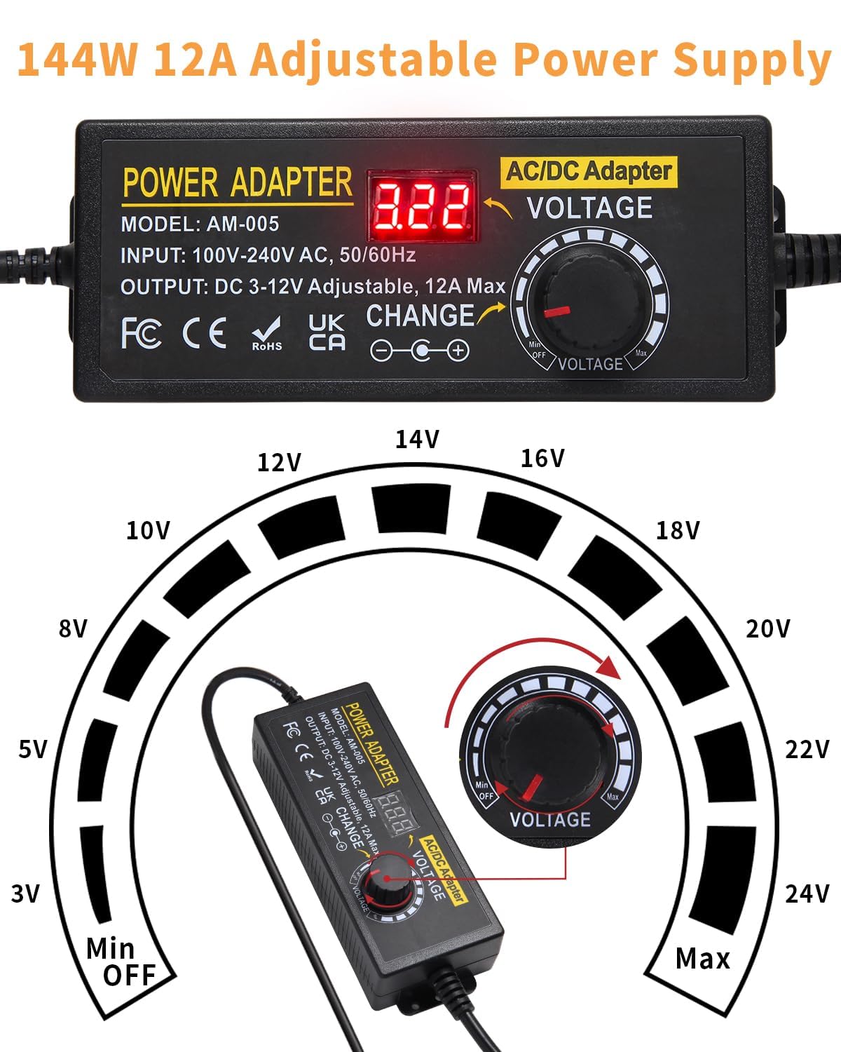 Alimentatore universale da 12 V, 12 A, alimentatore regolabile, 3 V, 12 V, 12 A, adattatore di alimentazione universale, 144 W, 100 V, 240 V, AC a DC, 12 V, 11 V, 10 V, 8 V, 9 V, 6 V, 5 V, 3