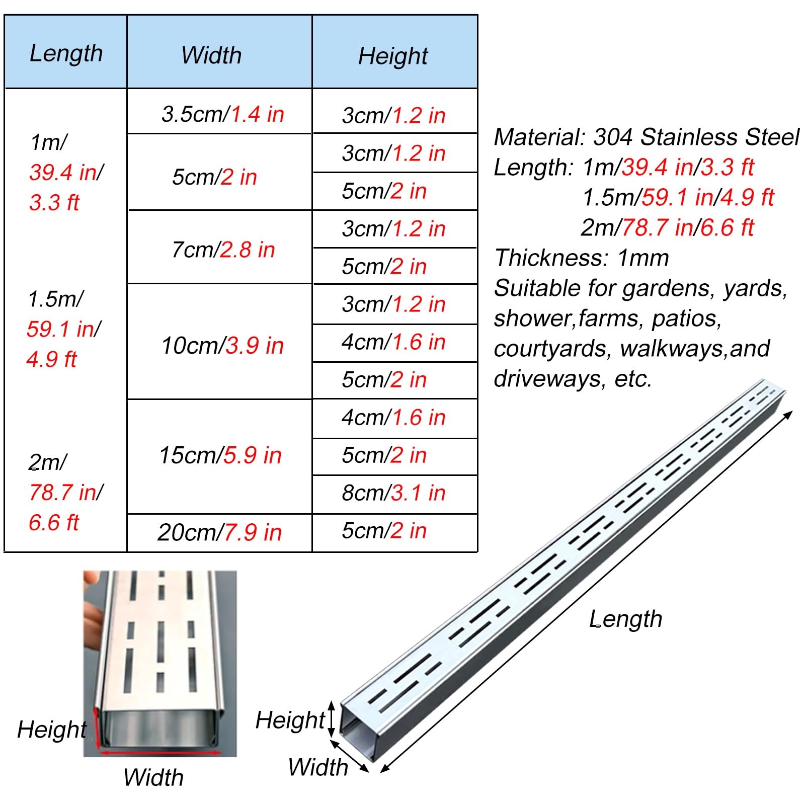 MZZKFC Stainless Steel Drainage Grates, 39.4 59.1 78.7 in Indoor Sewer Cover Grates Anti-Slip Rust-Proof, Outdoor Drainage Grates for Garage/Pool/Toilet/Kitchen(Silver-L 100cm,7x3cm/2.8x1.2 in)