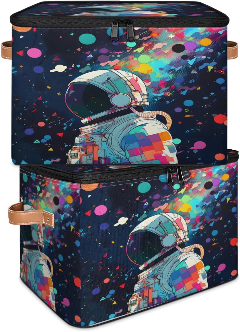 Storage Bin Set of 2 Colorful Astronauts Storage Basket with Zipper Lid & Handle Foldable Closet Shelf 2 Pack Cloth Organizer Basket Cube Bins Clothes Organizer for Bedroom, Nursery