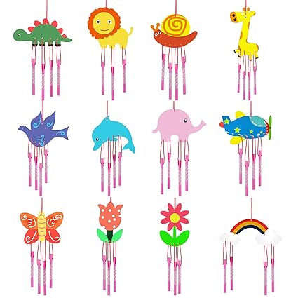 Wind Chime Kit DIY Wooden Classroom Wind Chime Decorative Wooden Hanging Wind Chime Animal Windchimes Wood Bell Wind Chimes for Kids DIY Craft Birthday Party Favors (12 Pieces)